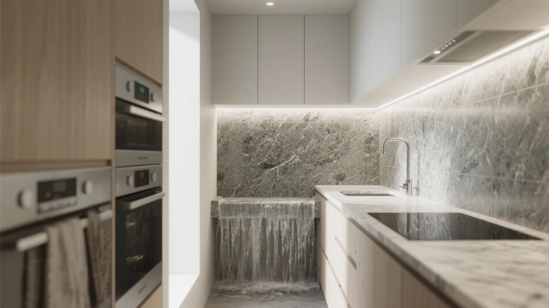 4. Waterfall Granite Counter with Continuous Slab Backsplash