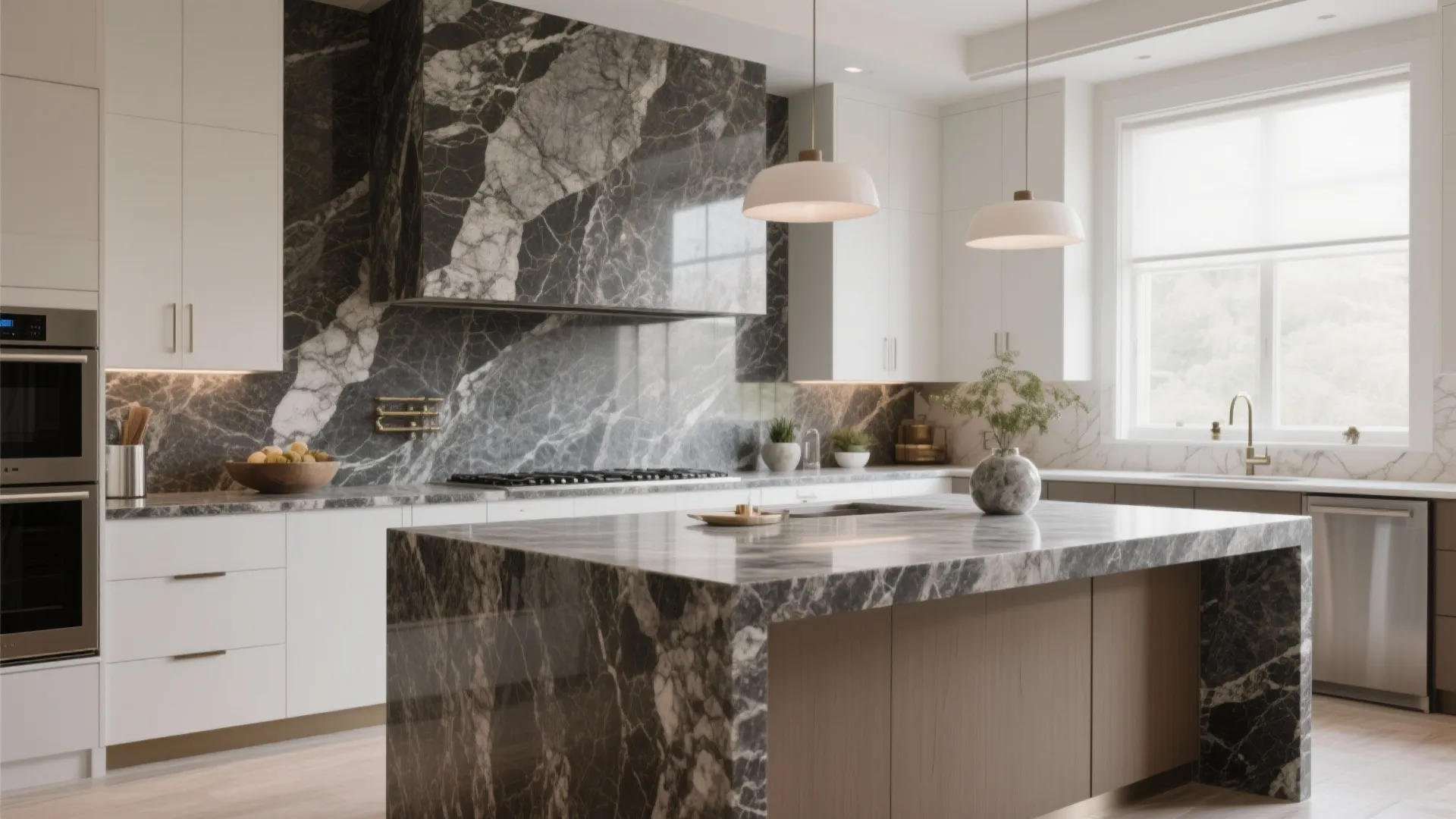 Luxury kitchen featuring dark marble island white cabinets ceiling light fixtures and large bright window