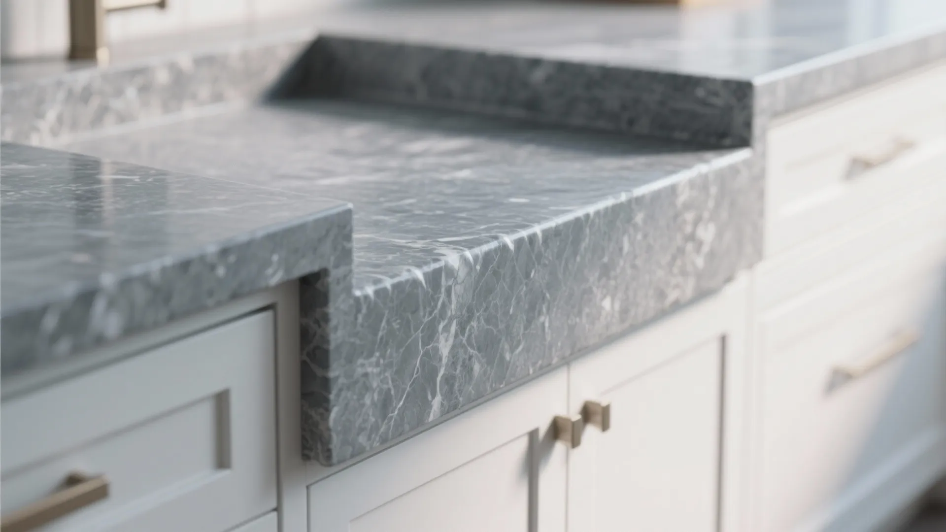4. Gray Waterfall Countertop over White Cabinet Runs