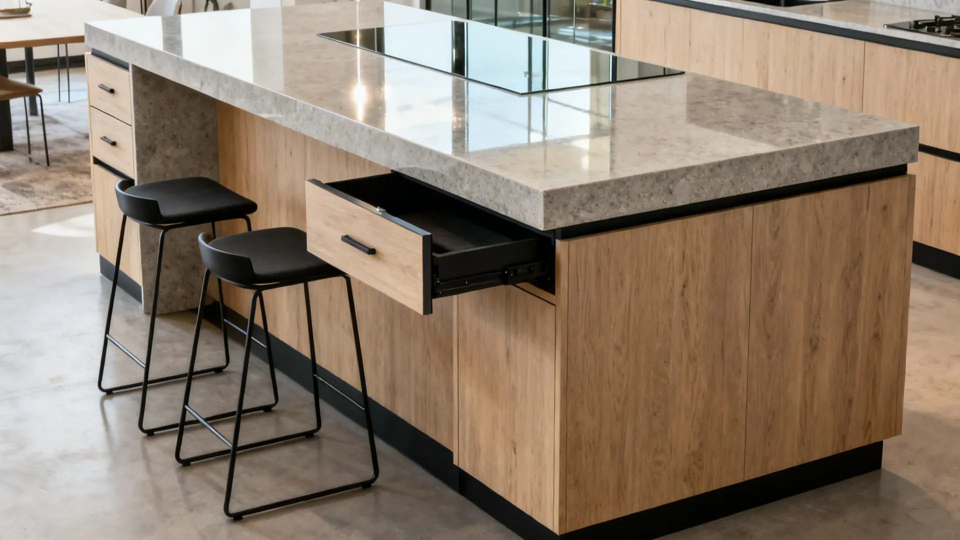 Waterfall-edge island with a recessed hidden seating bay that keeps sightlines clean.