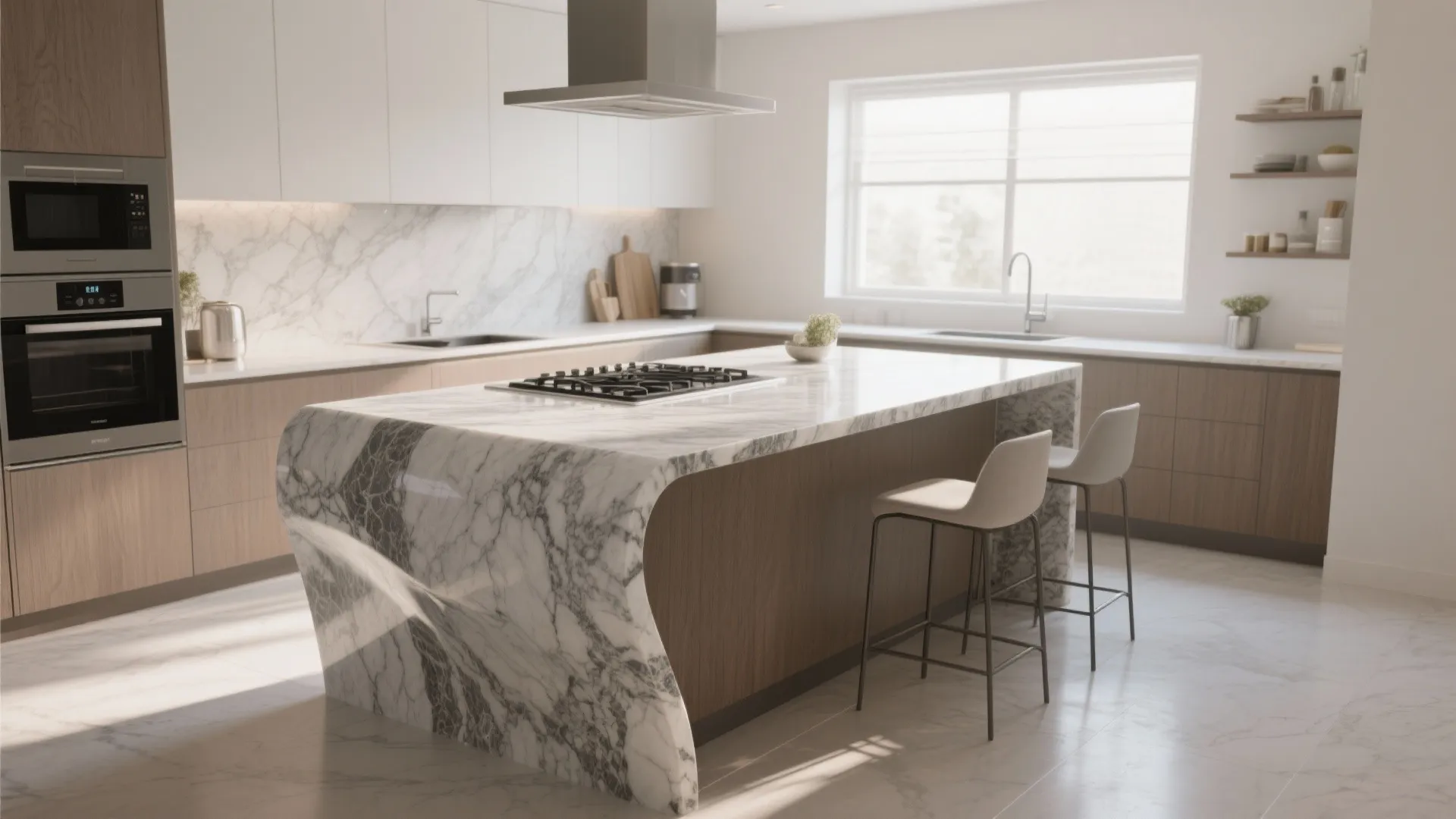 Modern kitchen featuring marble waterfall island with two chairs and white cabinets in bright room