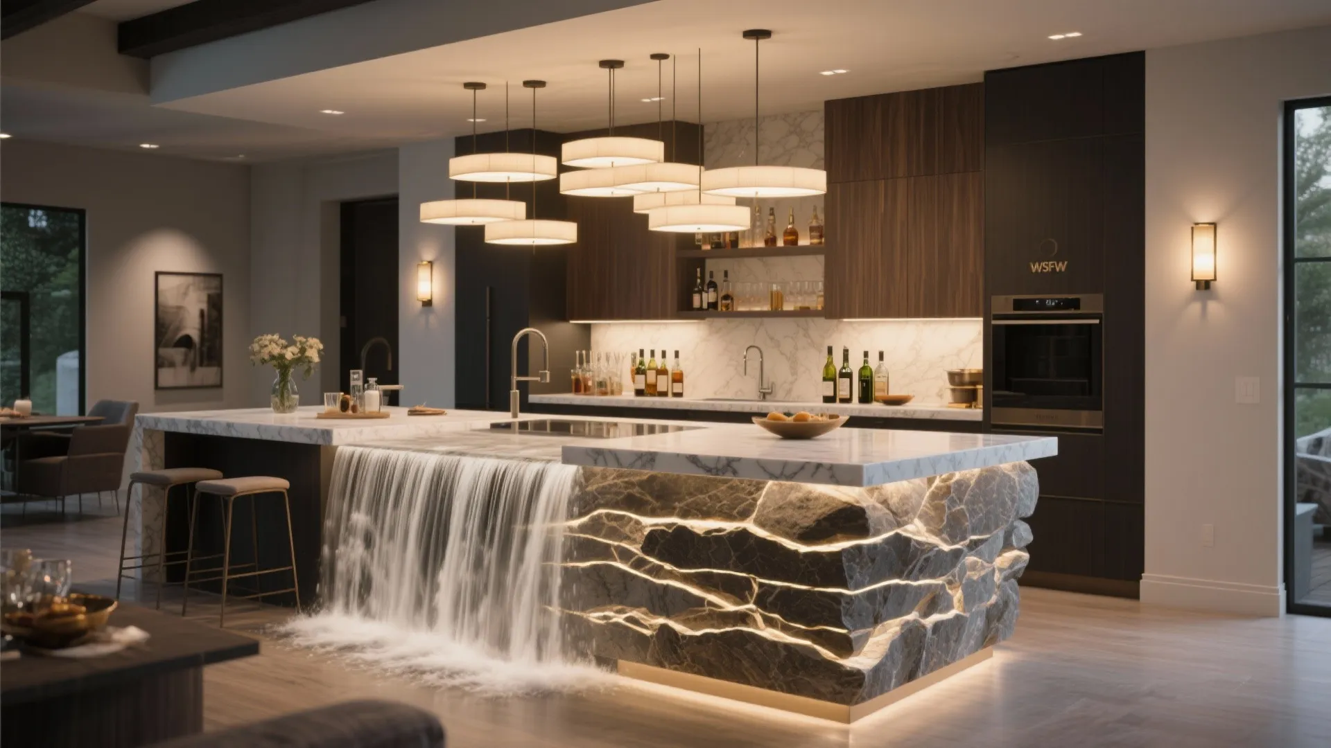 5. Statement Waterfall Island with Layered Lighting