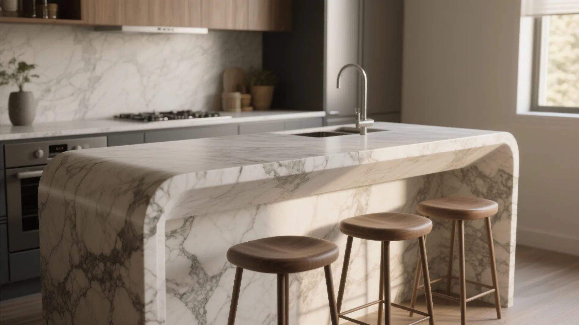 1. Waterfall countertop with seating overhang