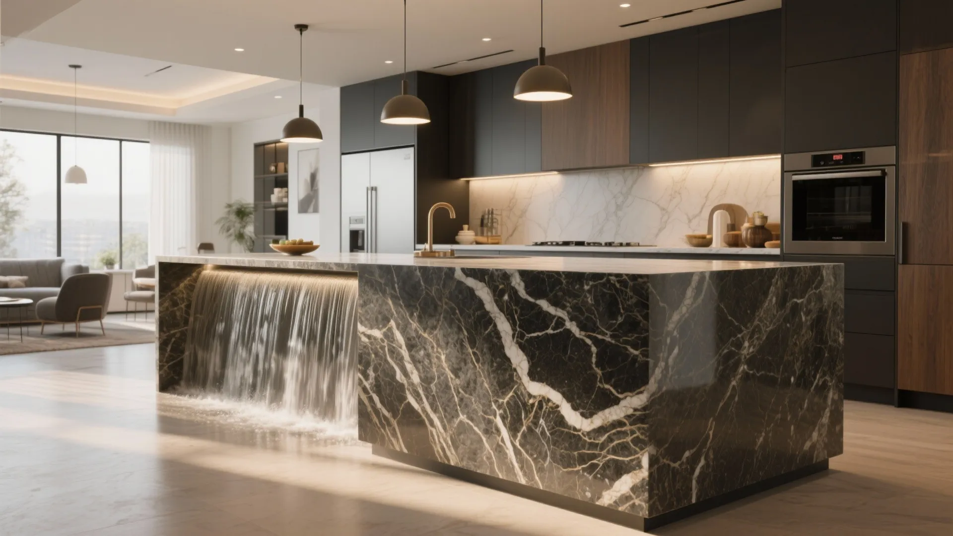 2. Bold waterfall island for texture and drama