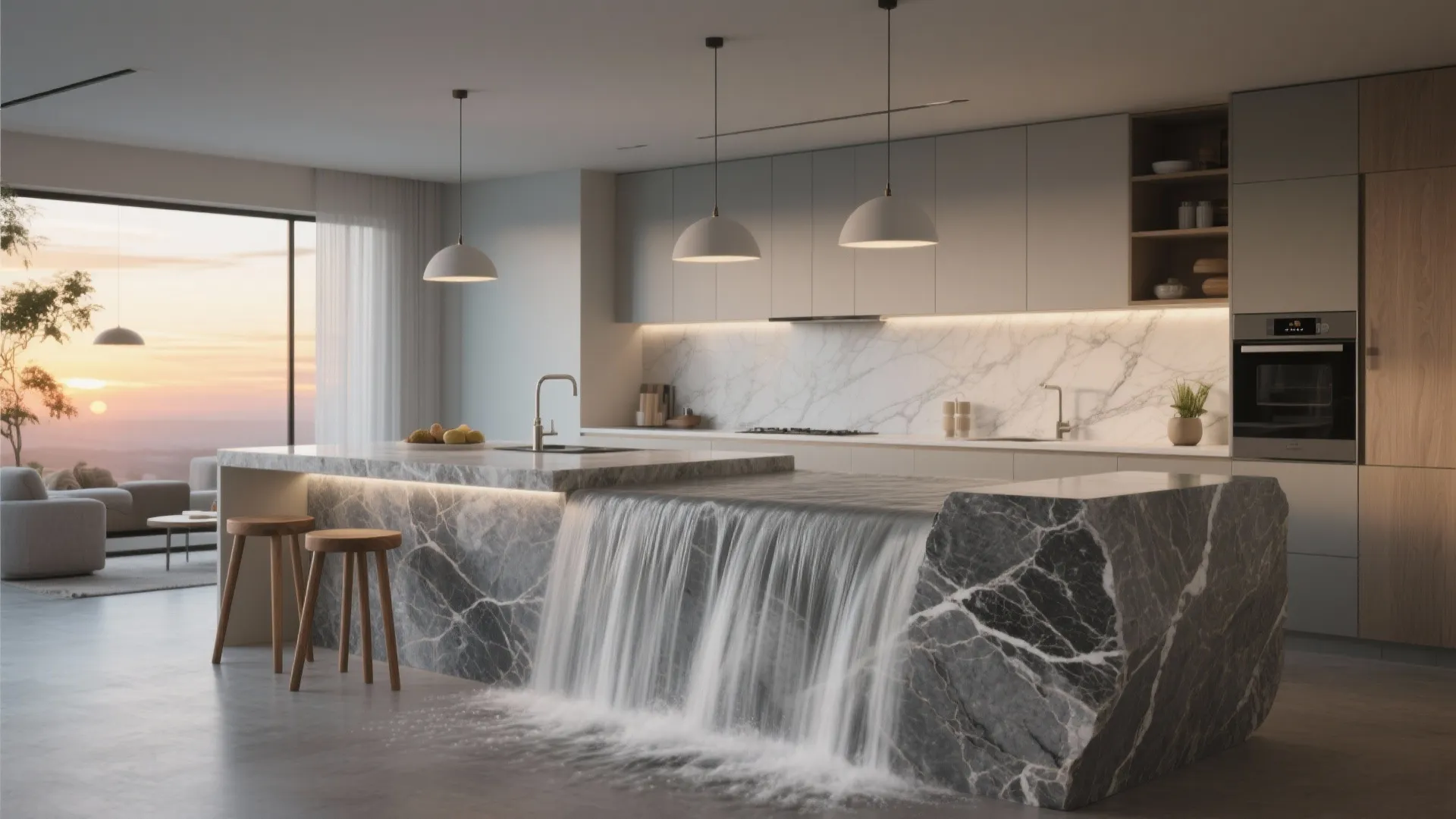 4. Install a waterfall island with gray granite for drama