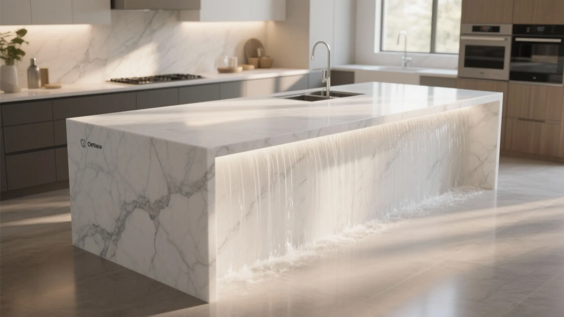 Modern white marble kitchen island featuring a unique waterfall edge with built in glowing light
