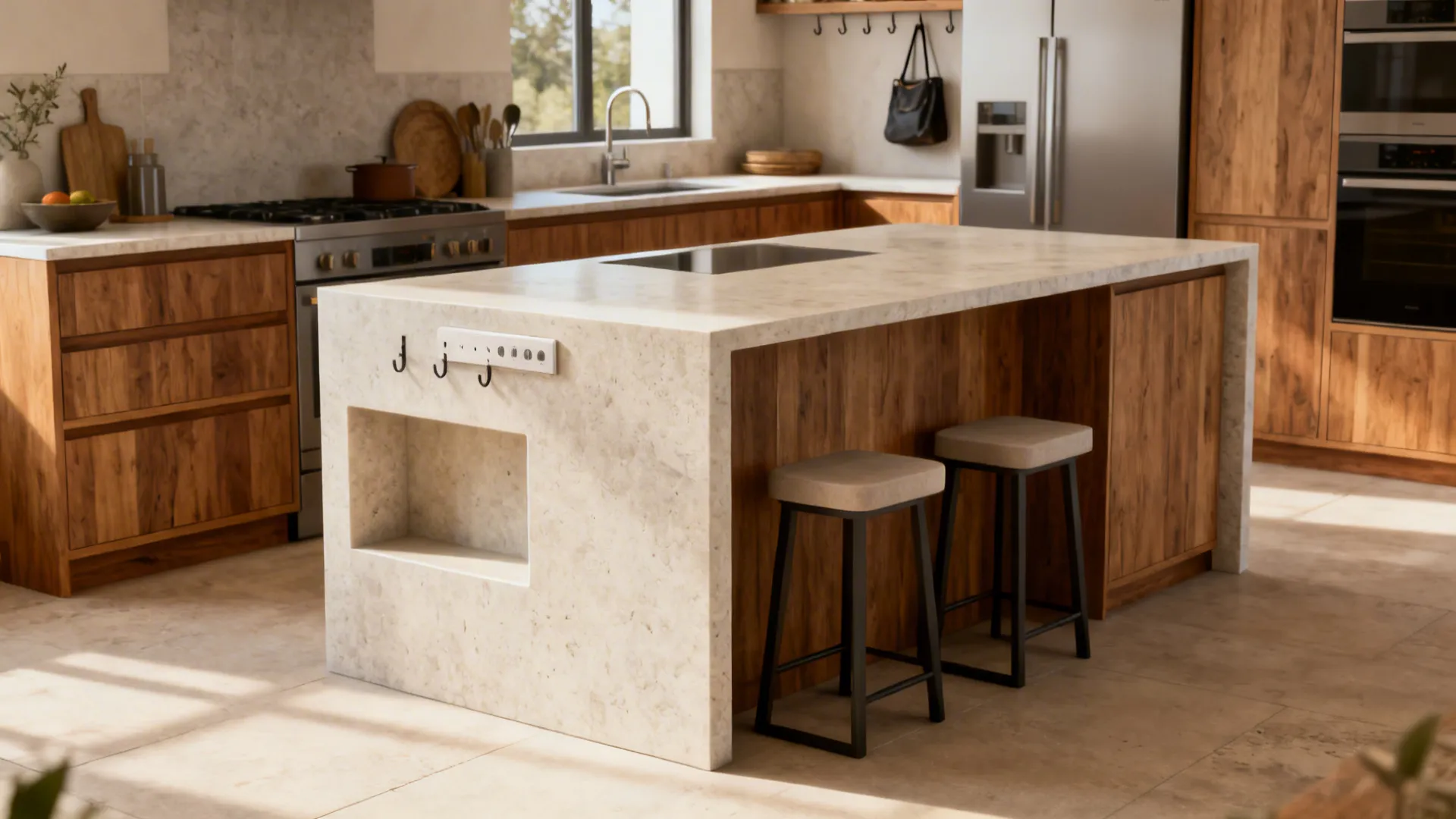Compact waterfall-edge island with integrated knee niche and two stools in a small kitchen.