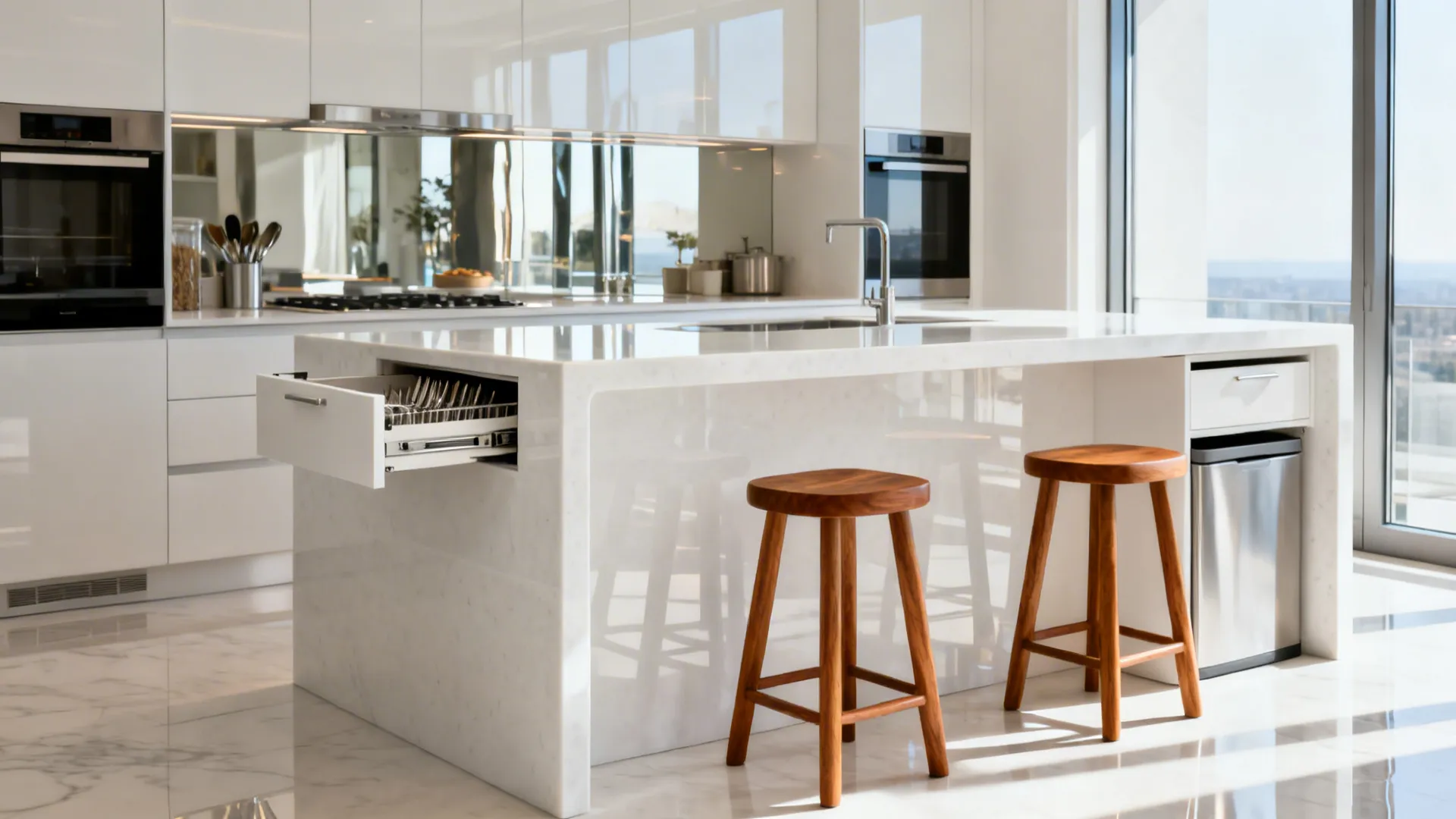 Small modern kitchen with a white waterfall island and hidden storage on the back side.