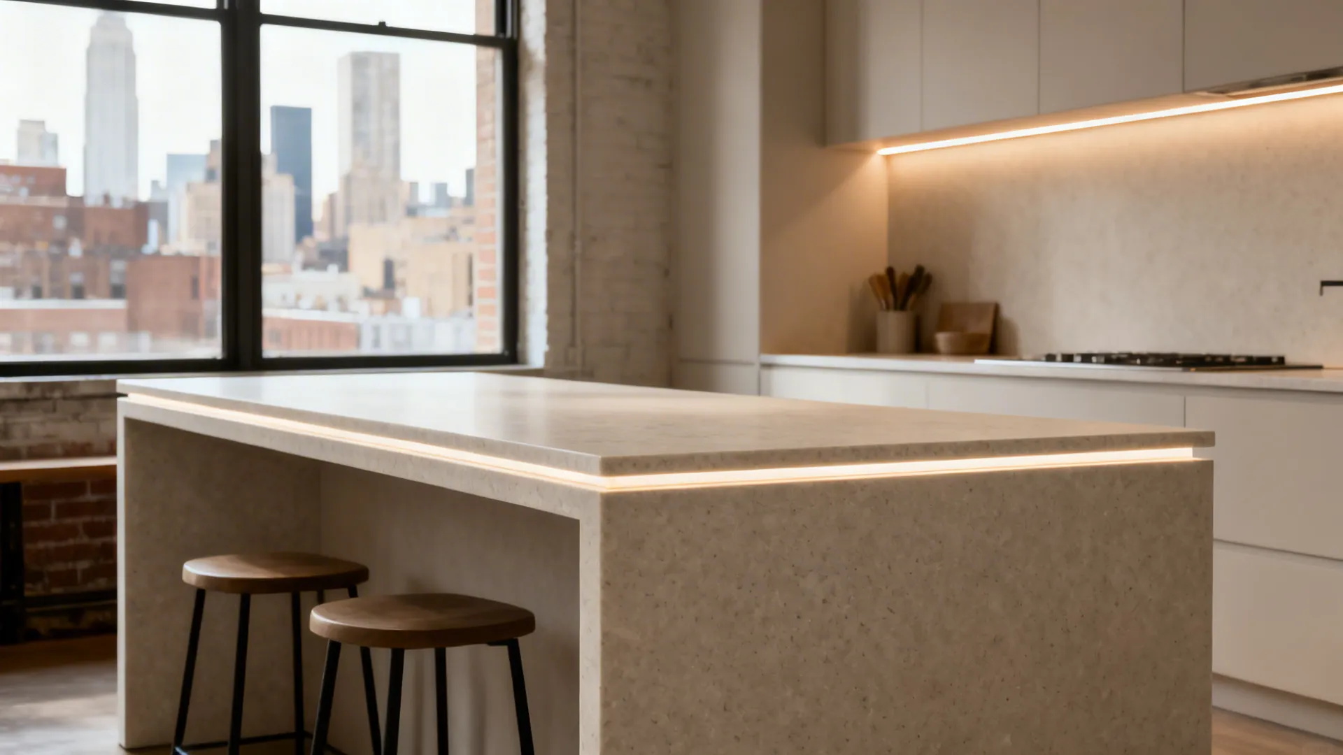 Minimalist waterfall-edge quartz island in a small loft with soft under-counter lighting.