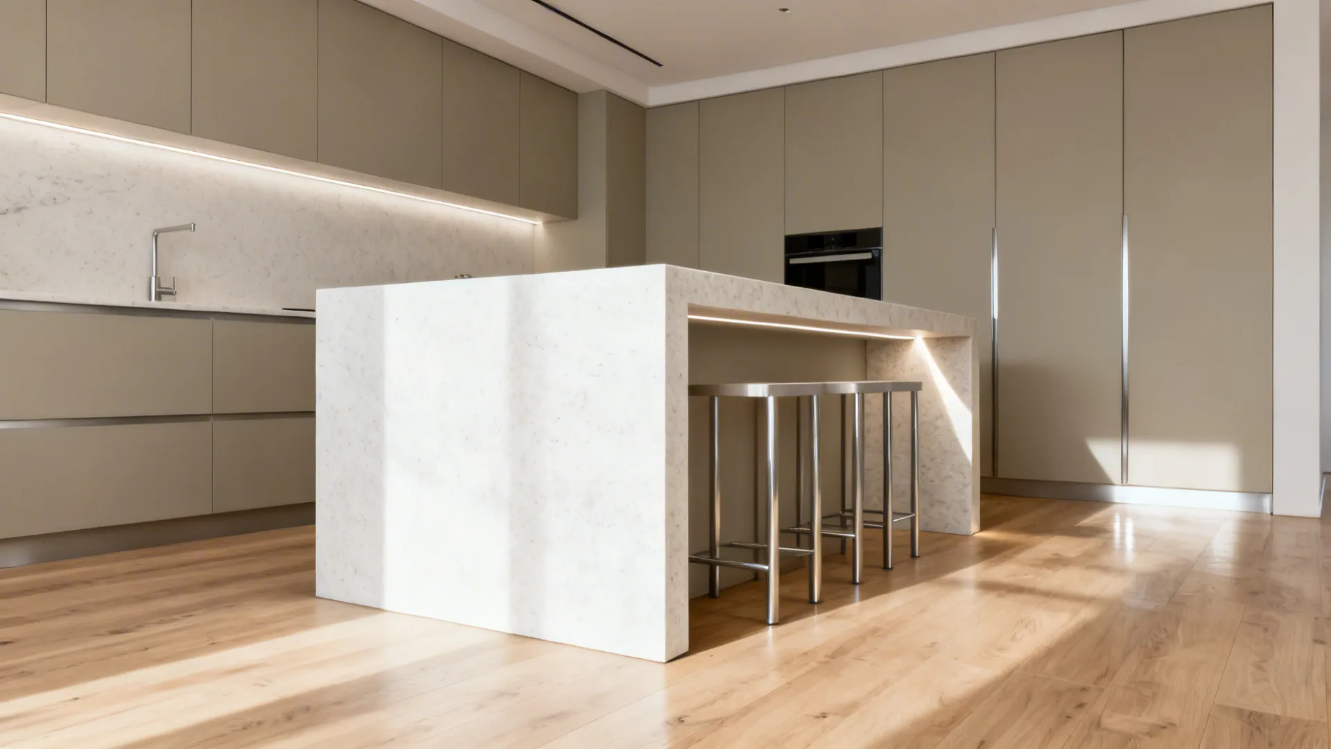 Waterfall-edge quartz island with slim stools tucked beneath, bright compact kitchen.