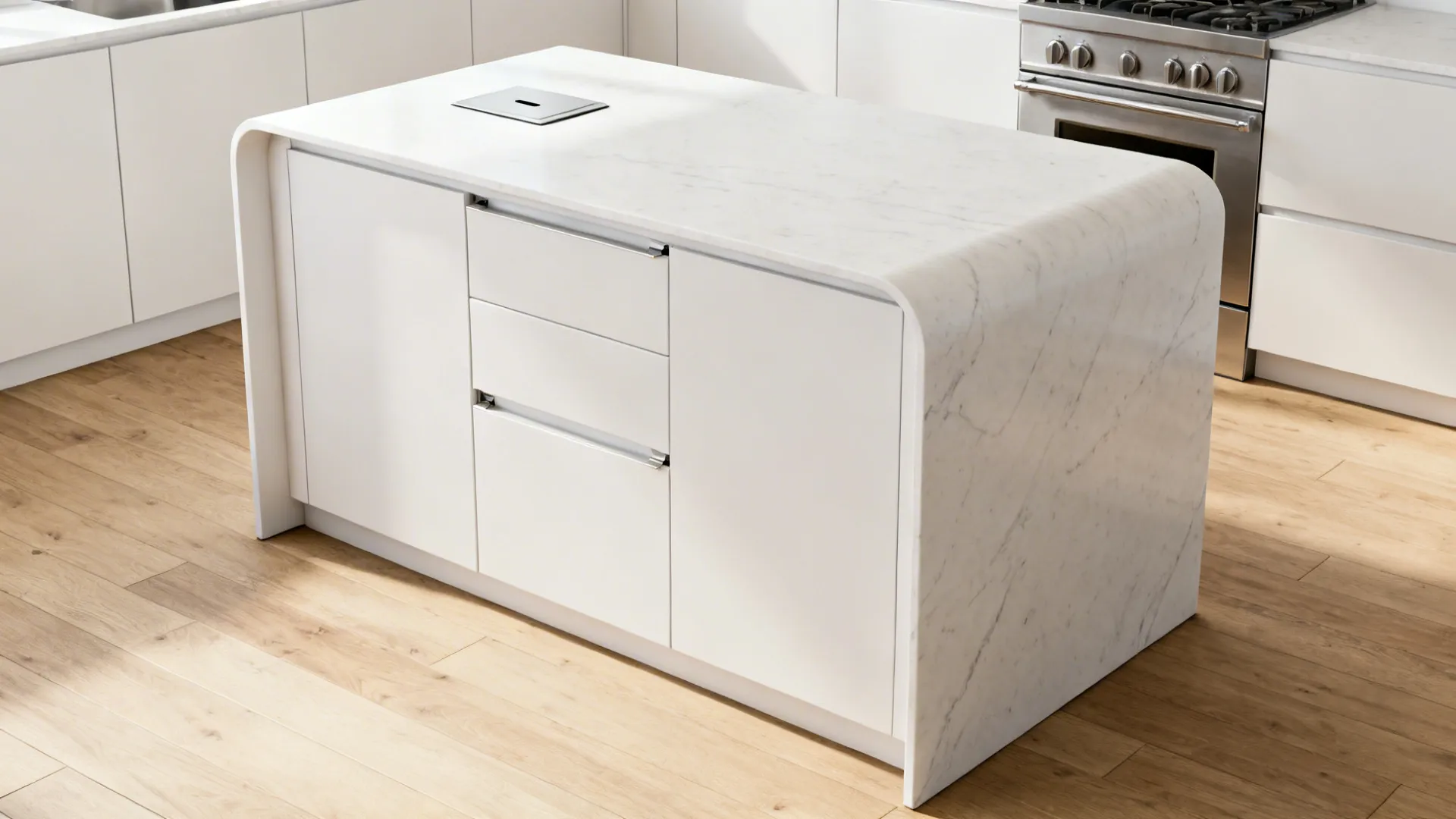 Quartz waterfall-edge island with hidden push-latch storage in a compact modern kitchen.