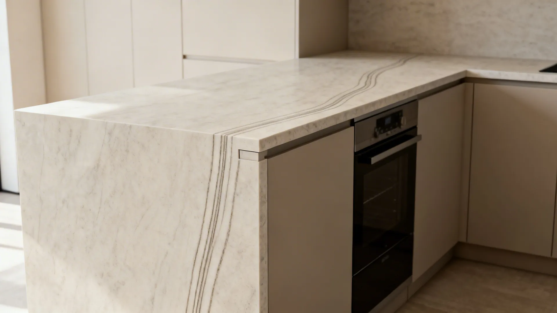 Waterfall Countertops with Subtle Linear Veins