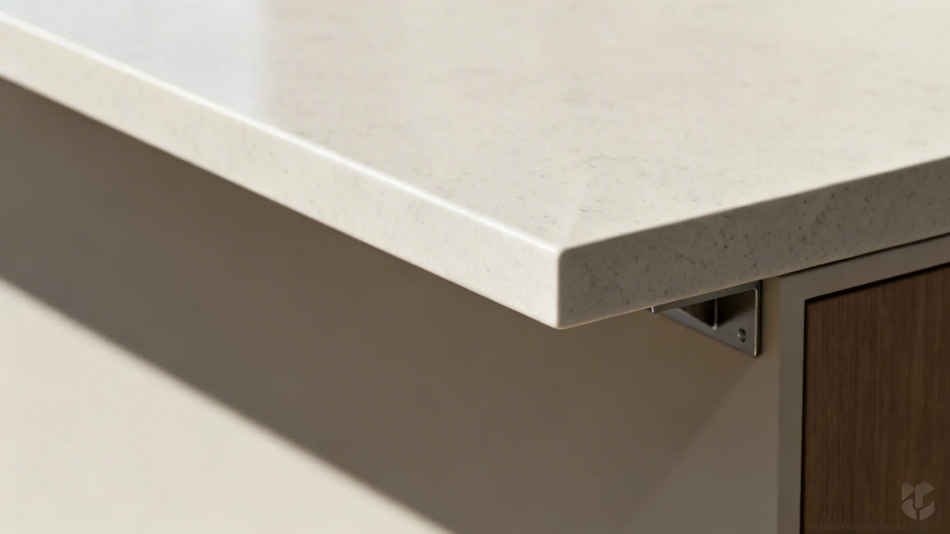 Close-up of a porcelain waterfall island edge with precise mitre and subtle texture.