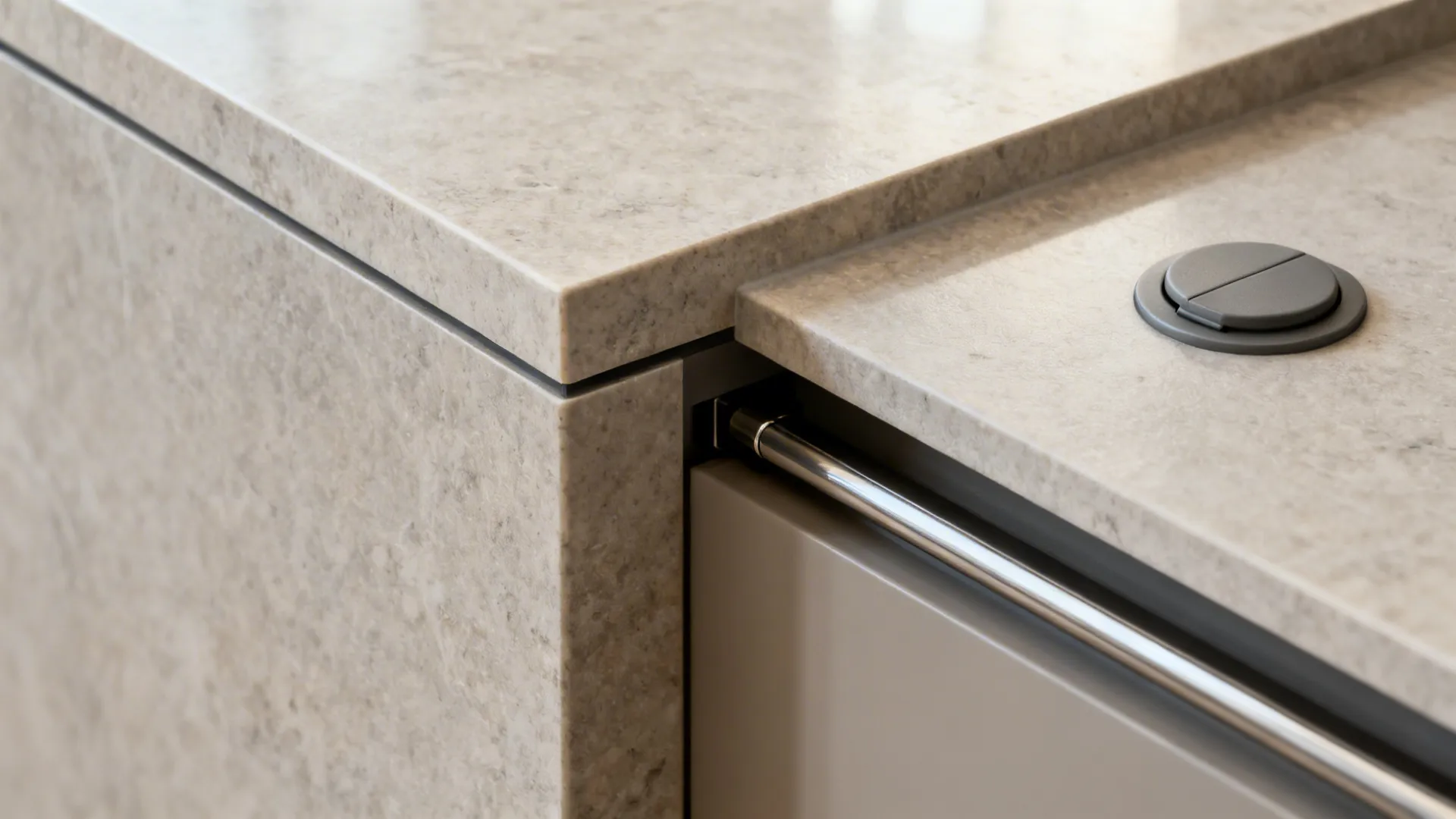 Macro of stone waterfall miter with discreet pop-up outlet and magnetic rail.