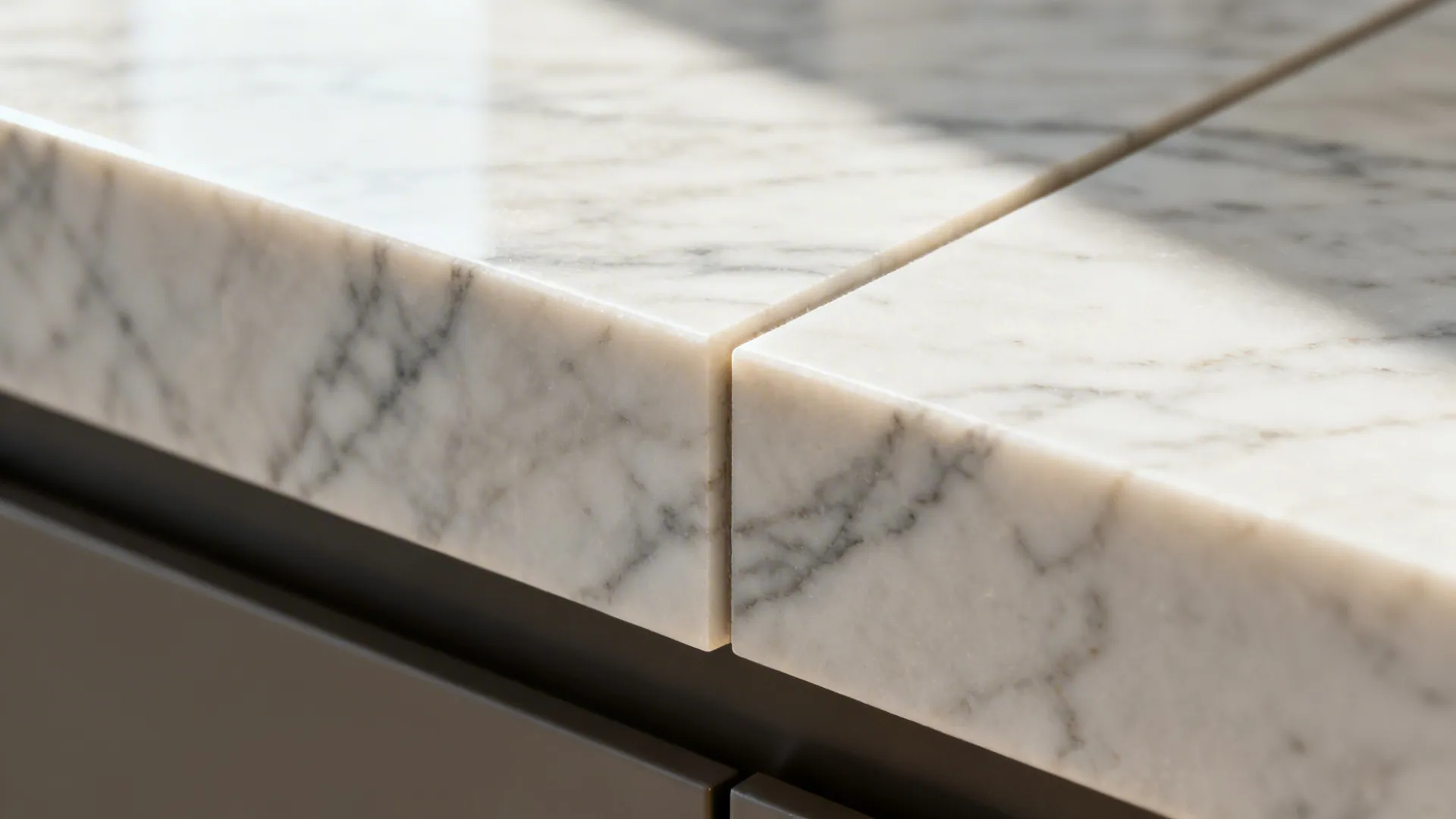 Close-up of a quartz waterfall edge with aligned veining and crisp miter joint.