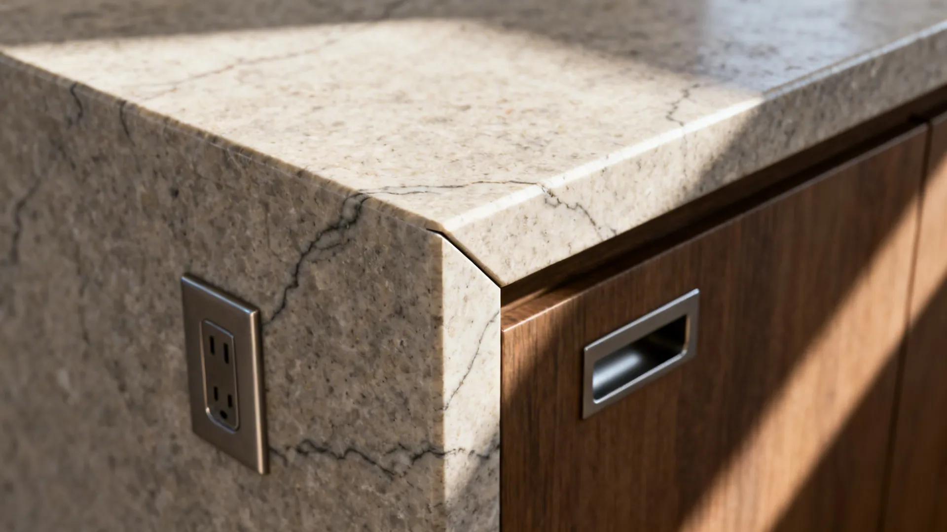 Macro of a precise stone waterfall miter with veining wrap and a discreet outlet on the island.