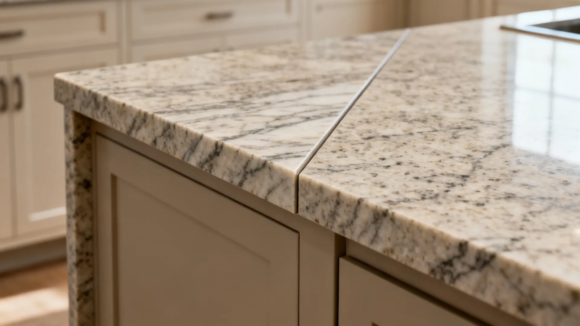 Close-up of granite waterfall miter seam with aligned veining on a peninsula.