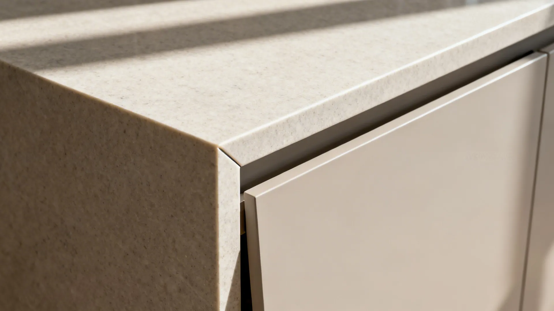 Close-up of a mitered quartz waterfall edge with precise seam and access clearance detail.