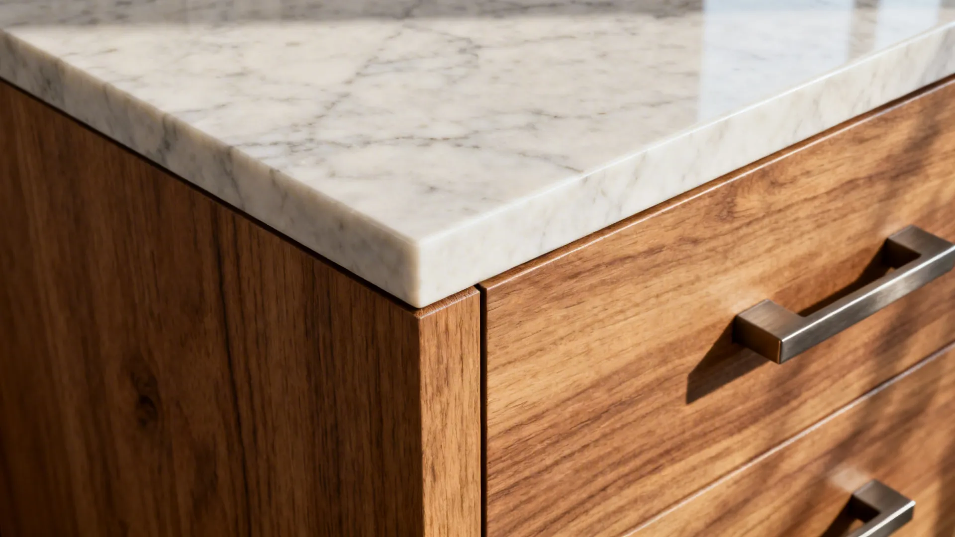 Close-up of a quartz waterfall miter joint meeting a warm oak panel with refined hardware.