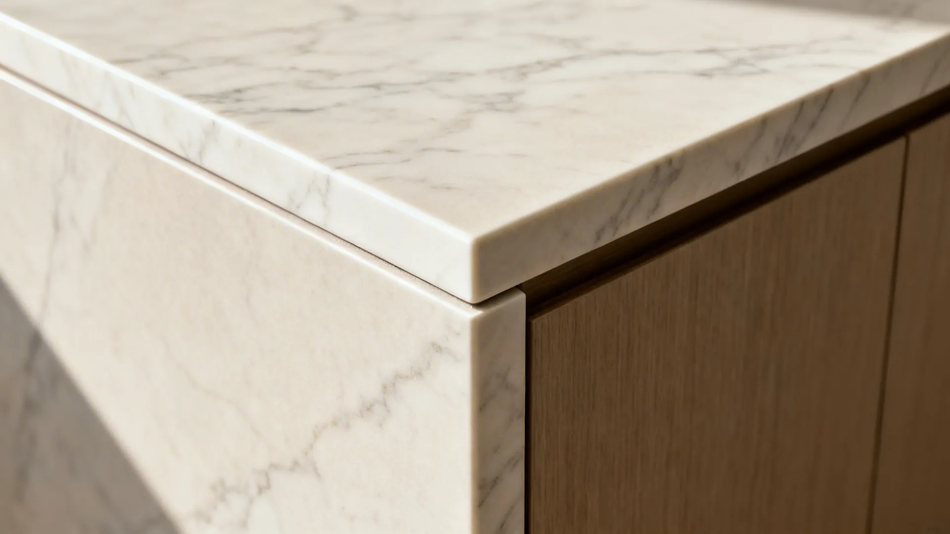 Macro of a mitered waterfall countertop edge with continuous veining and precise seam.