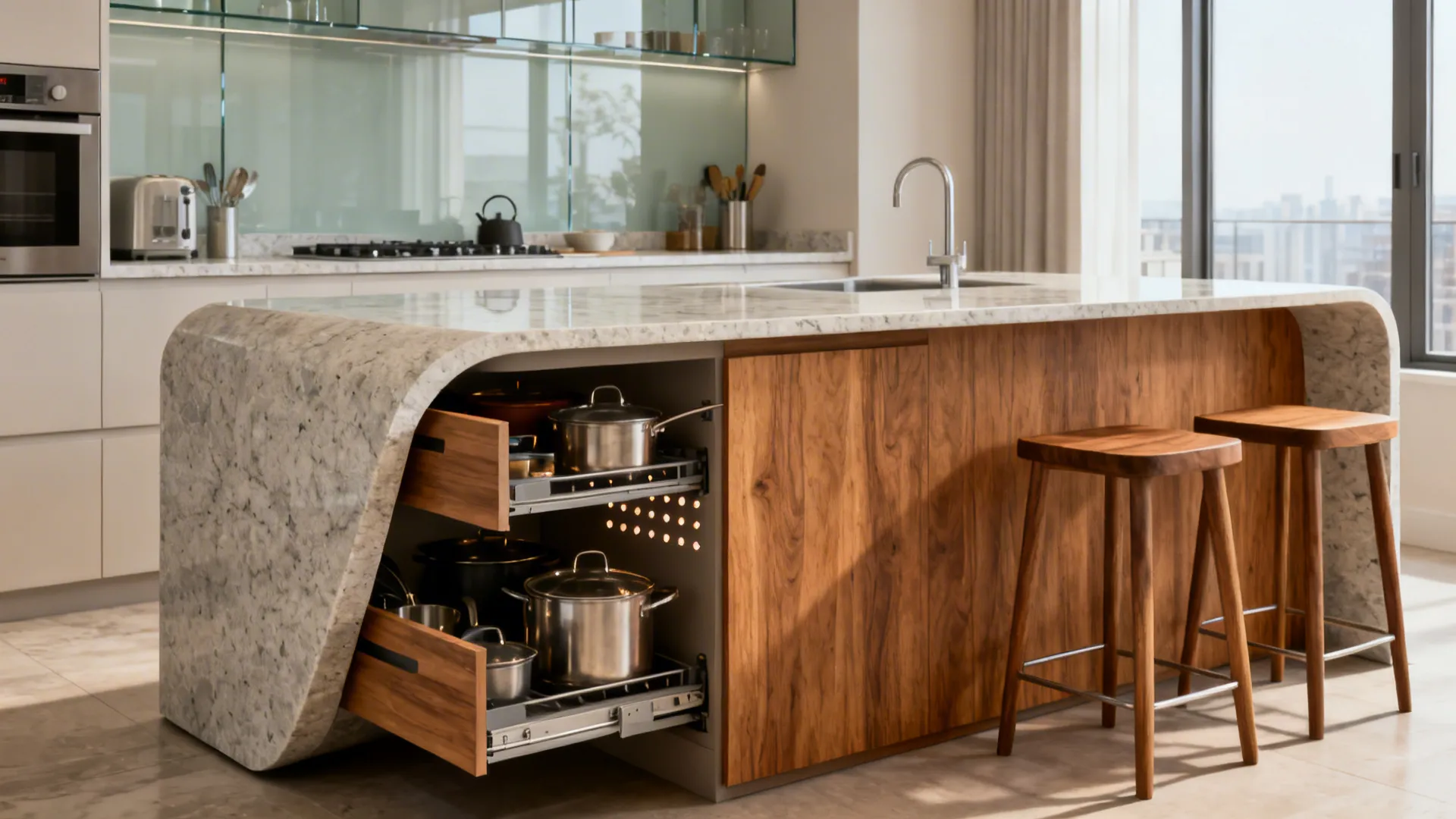 Waterfall island with quartz on the traffic side, warm oak on the stool side, and deep drawer storage.