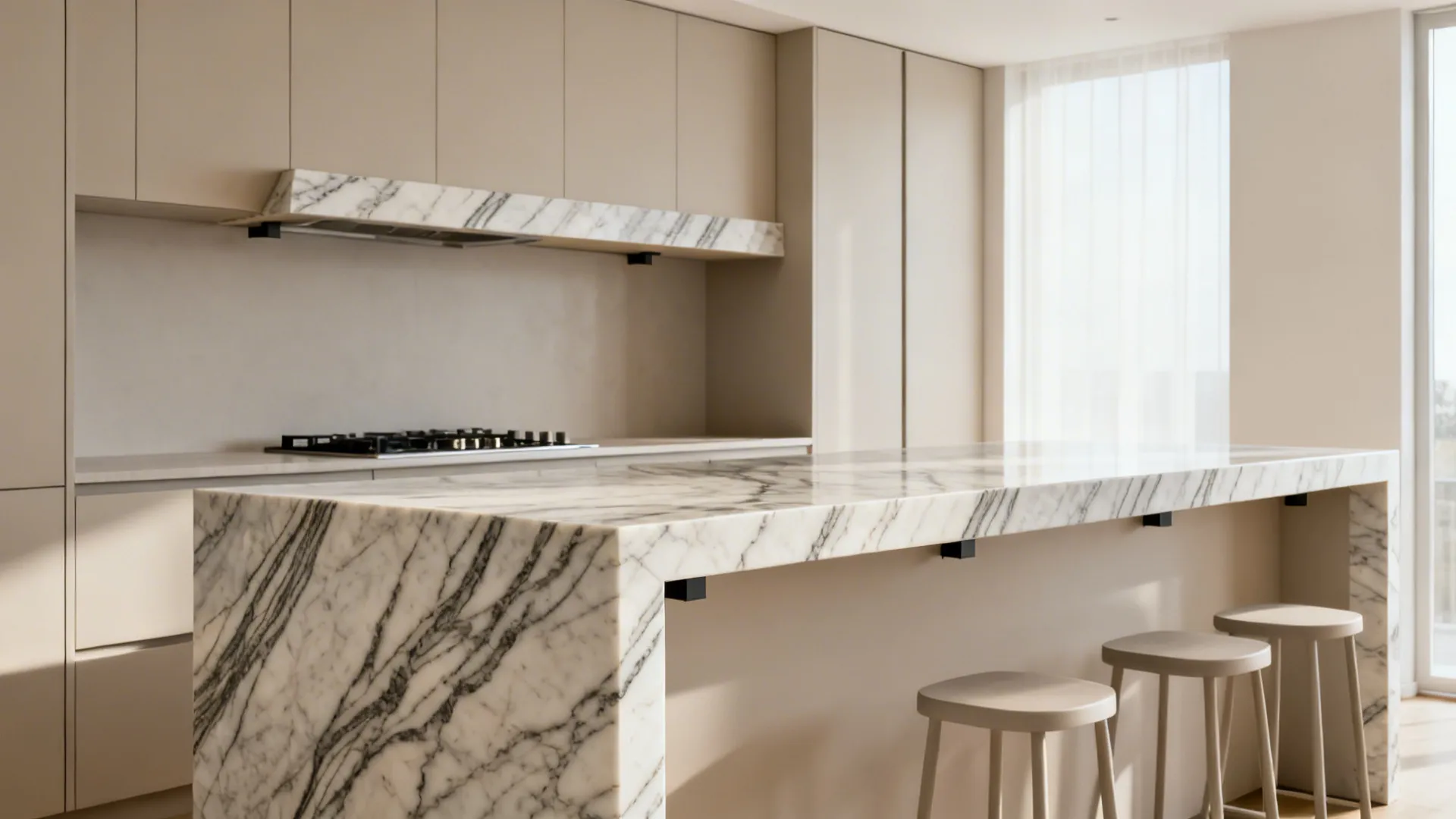 Compact peninsula with a book-matched waterfall stone edge framing the kitchen zone with soft daylight.