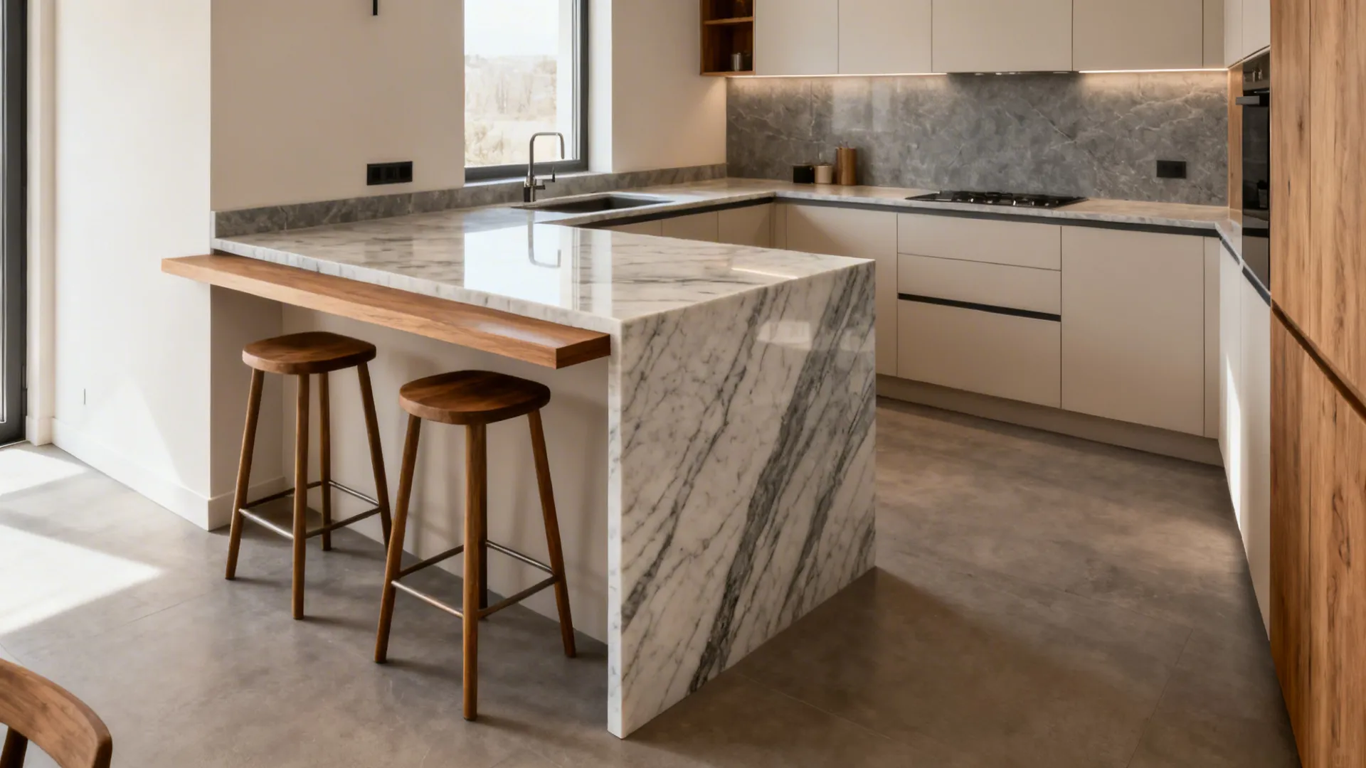 Modern L-shaped kitchen with quartz waterfall-edge peninsula and integrated stools.