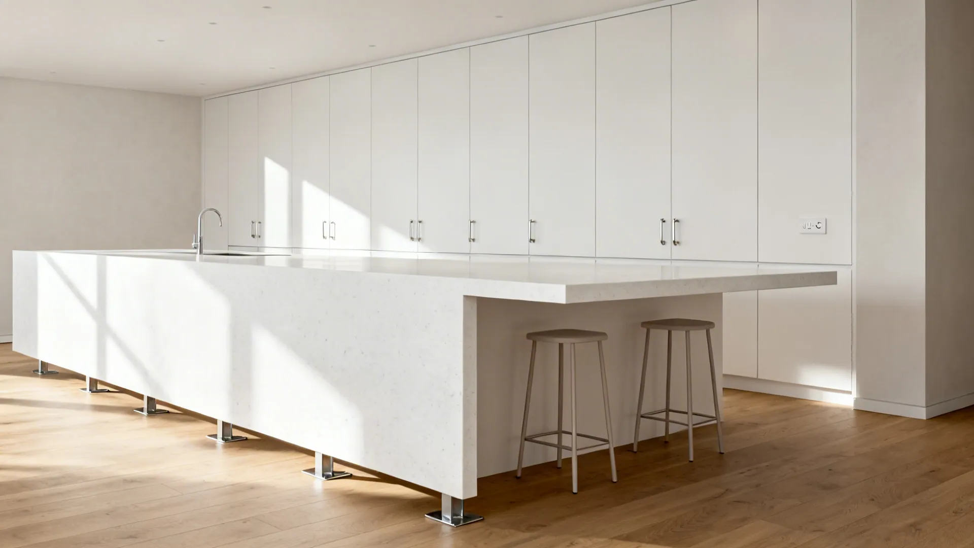 White quartz waterfall peninsula with two stools tucked under a 10–12 inch overhang in a small galley kitchen.