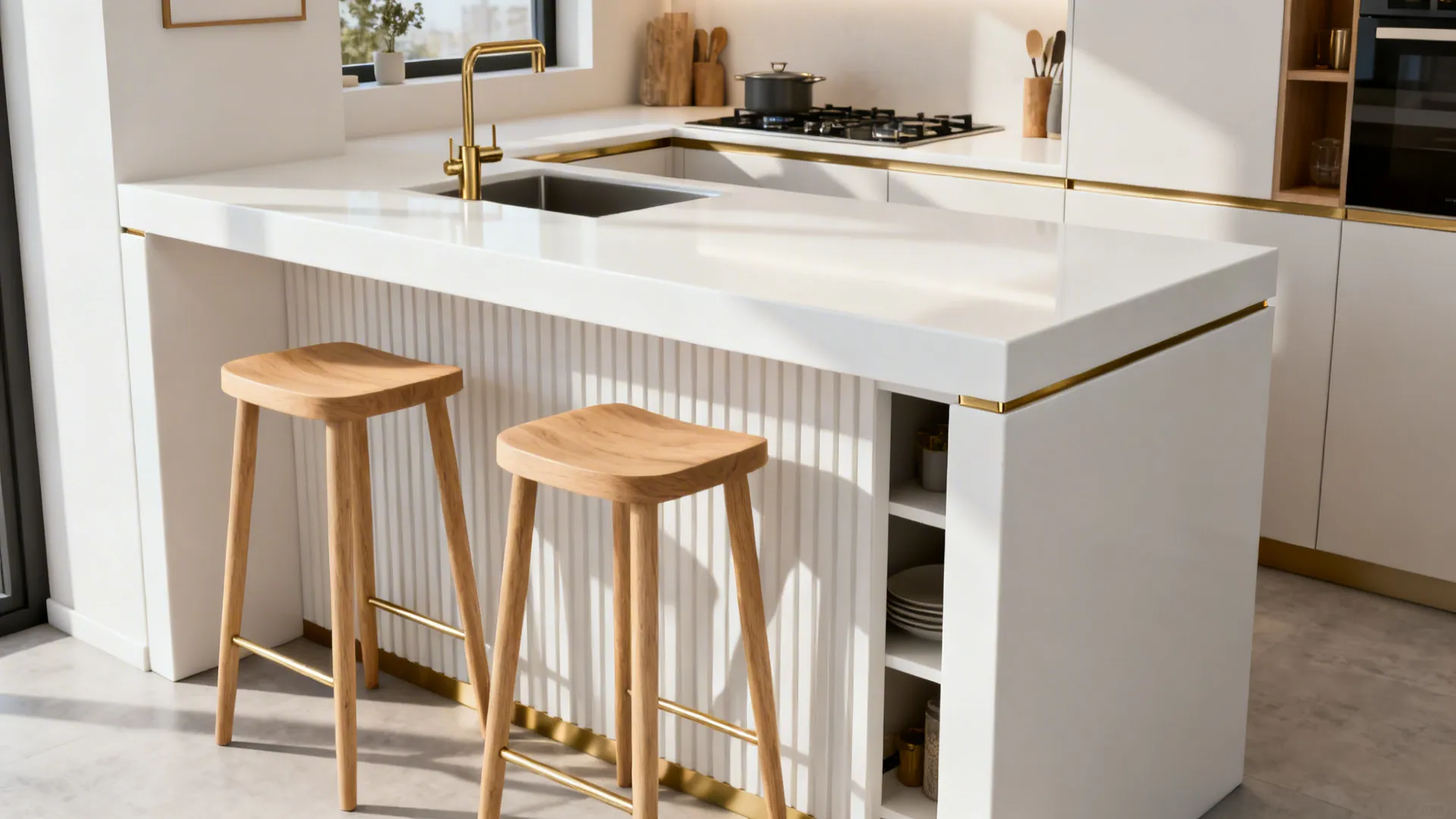 Small studio kitchen with a white quartz waterfall peninsula and seating.