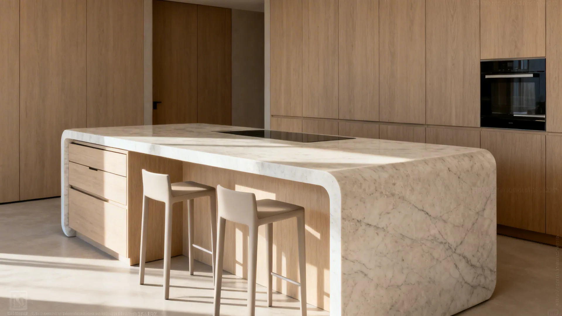 Modern marble kitchen island with wood cabinets and two chairs in a bright sunny space