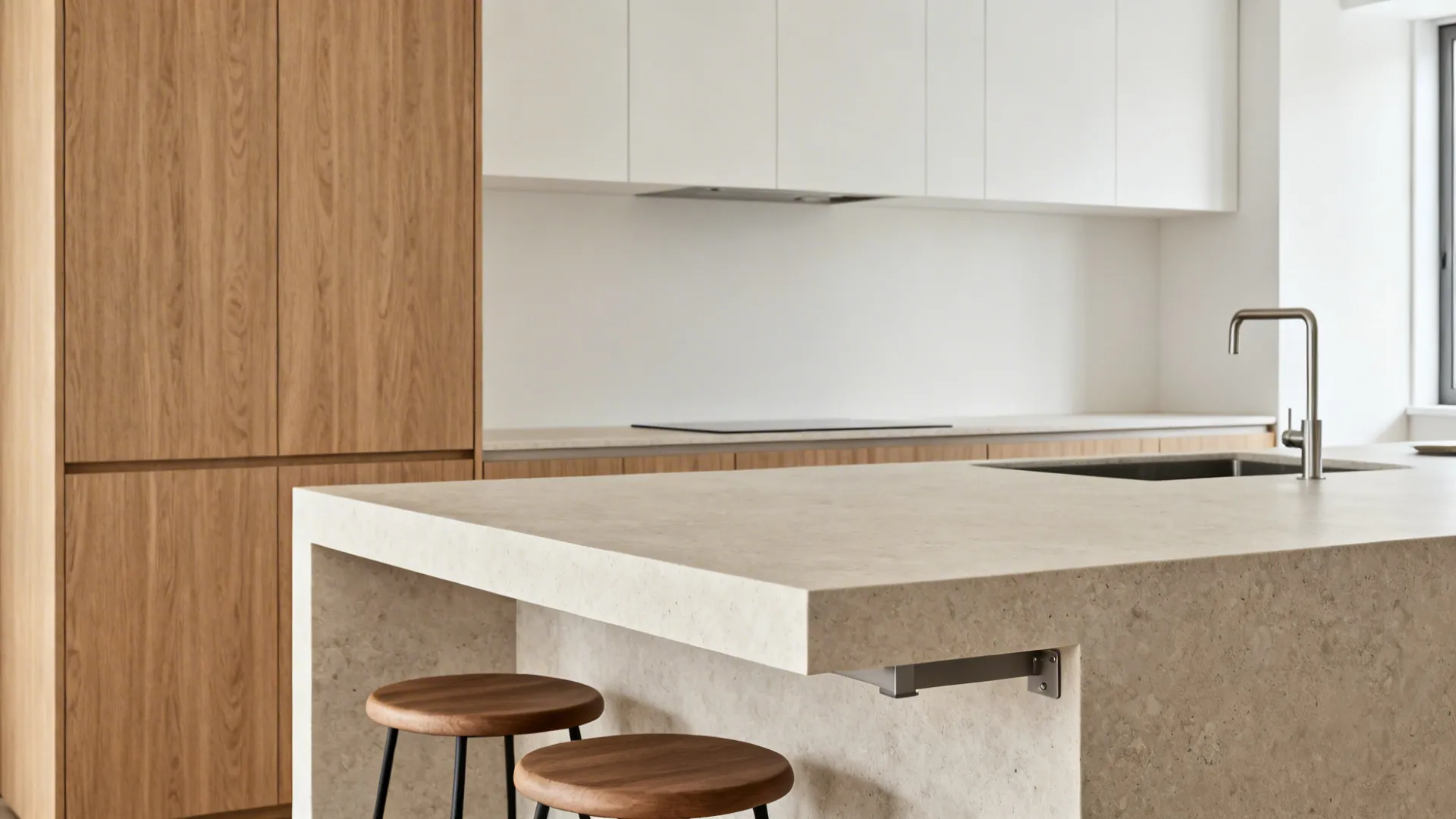 Waterfall peninsula with tucked stools