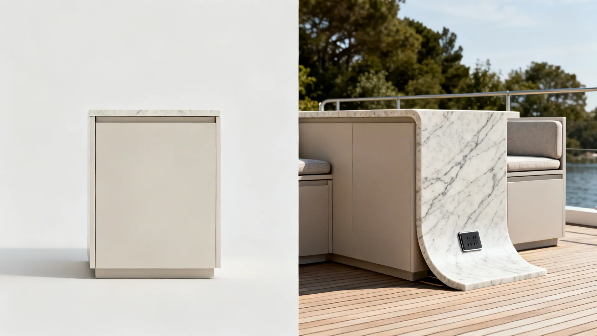 Before-after view of a compact peninsula upgraded with a mitered waterfall stone edge and seating.