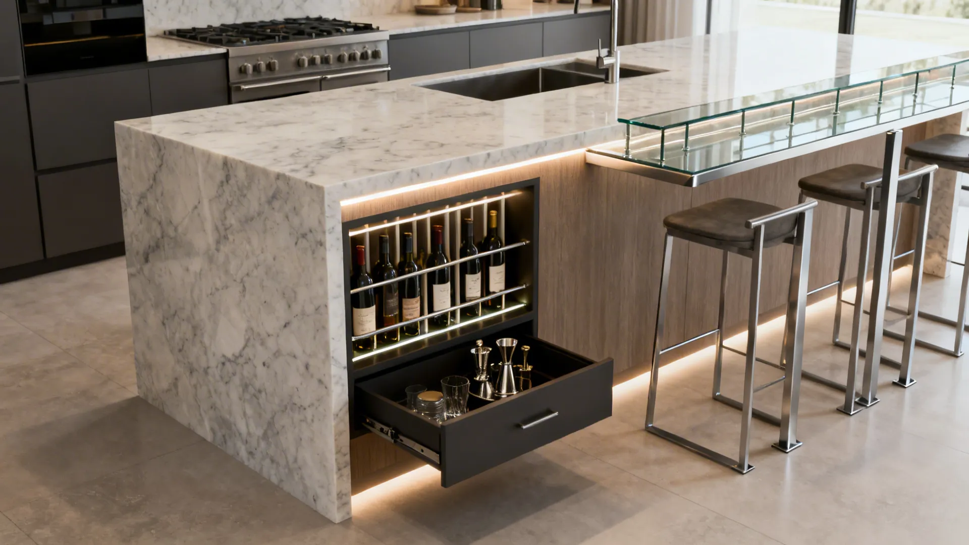 Waterfall peninsula with a carved beverage niche, glass rails, and bar stools under a generous overhang.