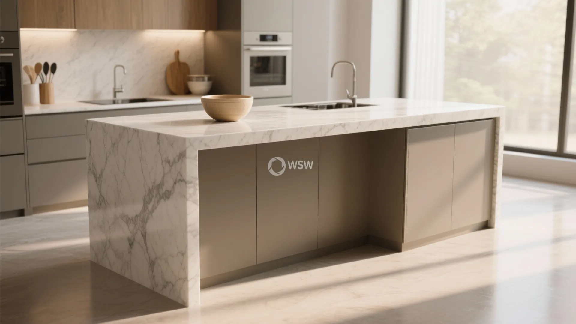 Modern kitchen interior design featuring a white marble island with sink and light brown cabinets