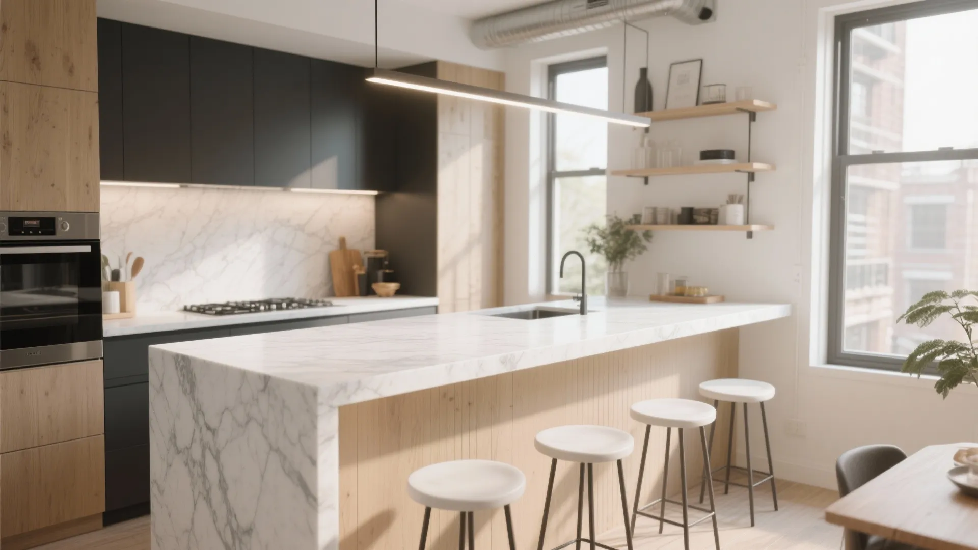 Modern kitchen with white marble waterfall island wood cabinets black cupboards and four white bar stools