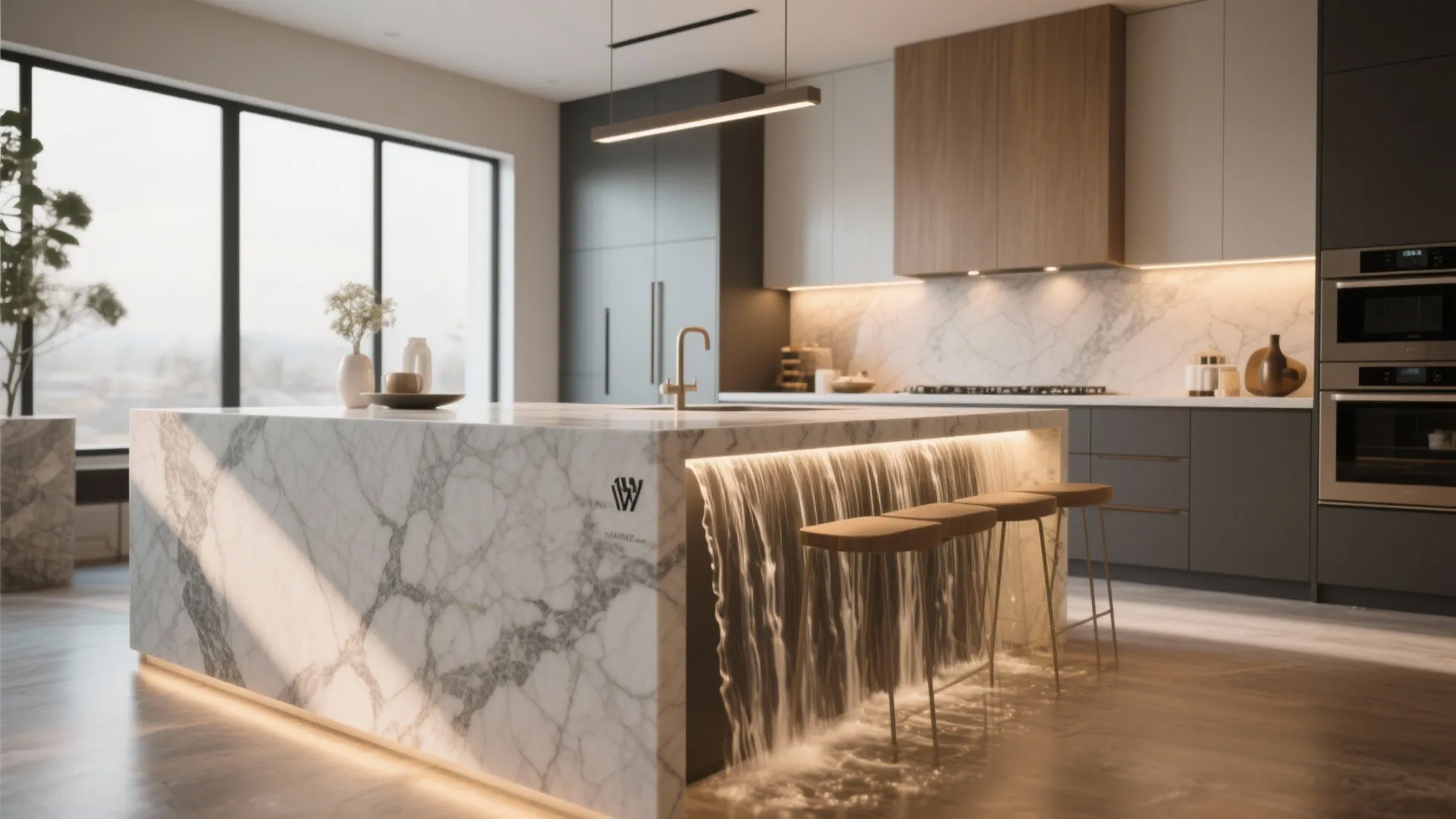 Kitchen island with luxurious waterfall quartz countertop