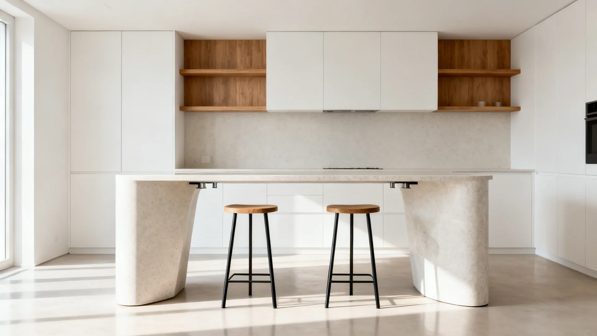 Light quartz waterfall island with slim overhang and two stools in a bright modern kitchen.