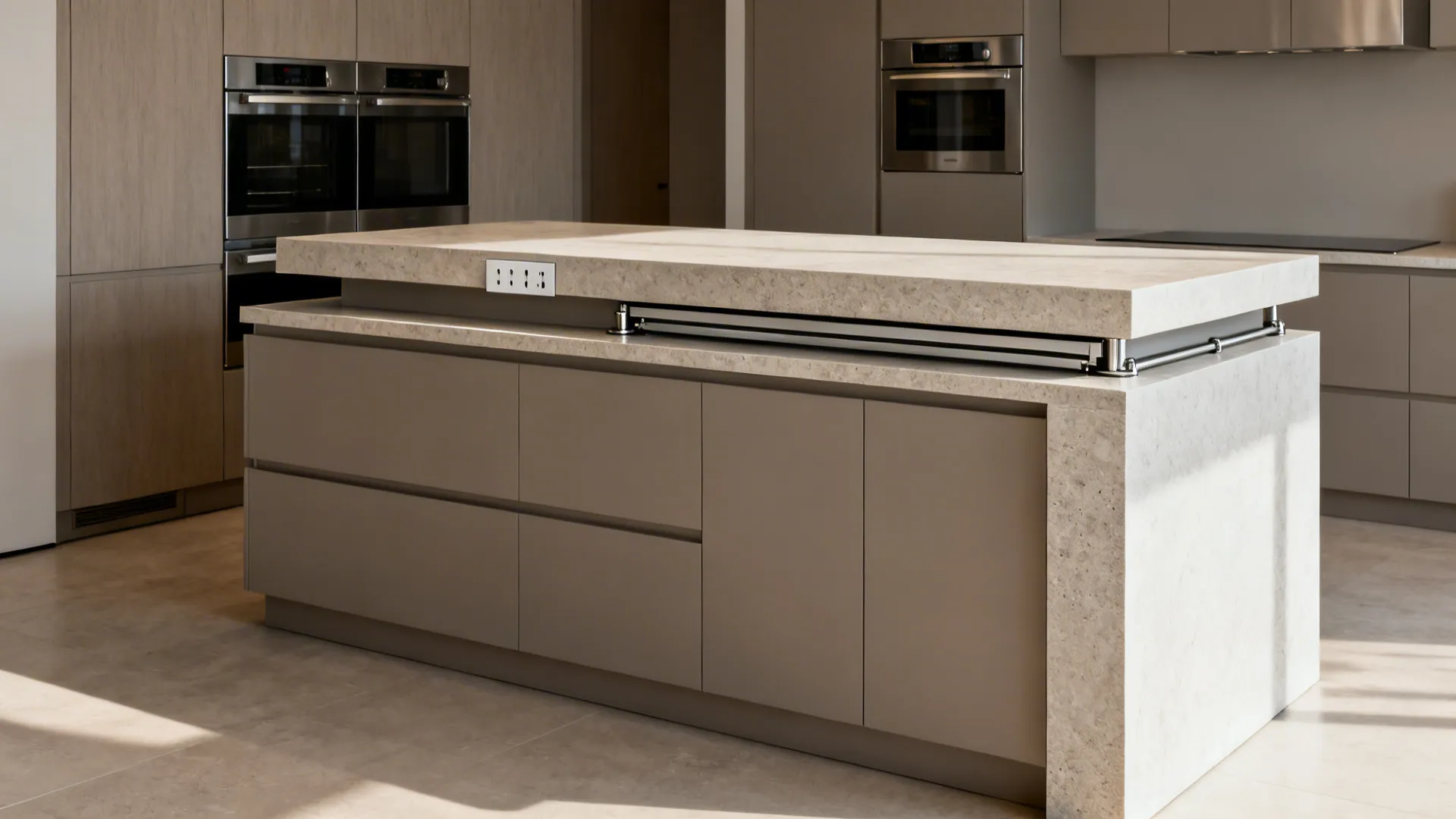 Peninsula with waterfall edge, slim raised slab, hidden pop-up outlets, and magnetic rail.