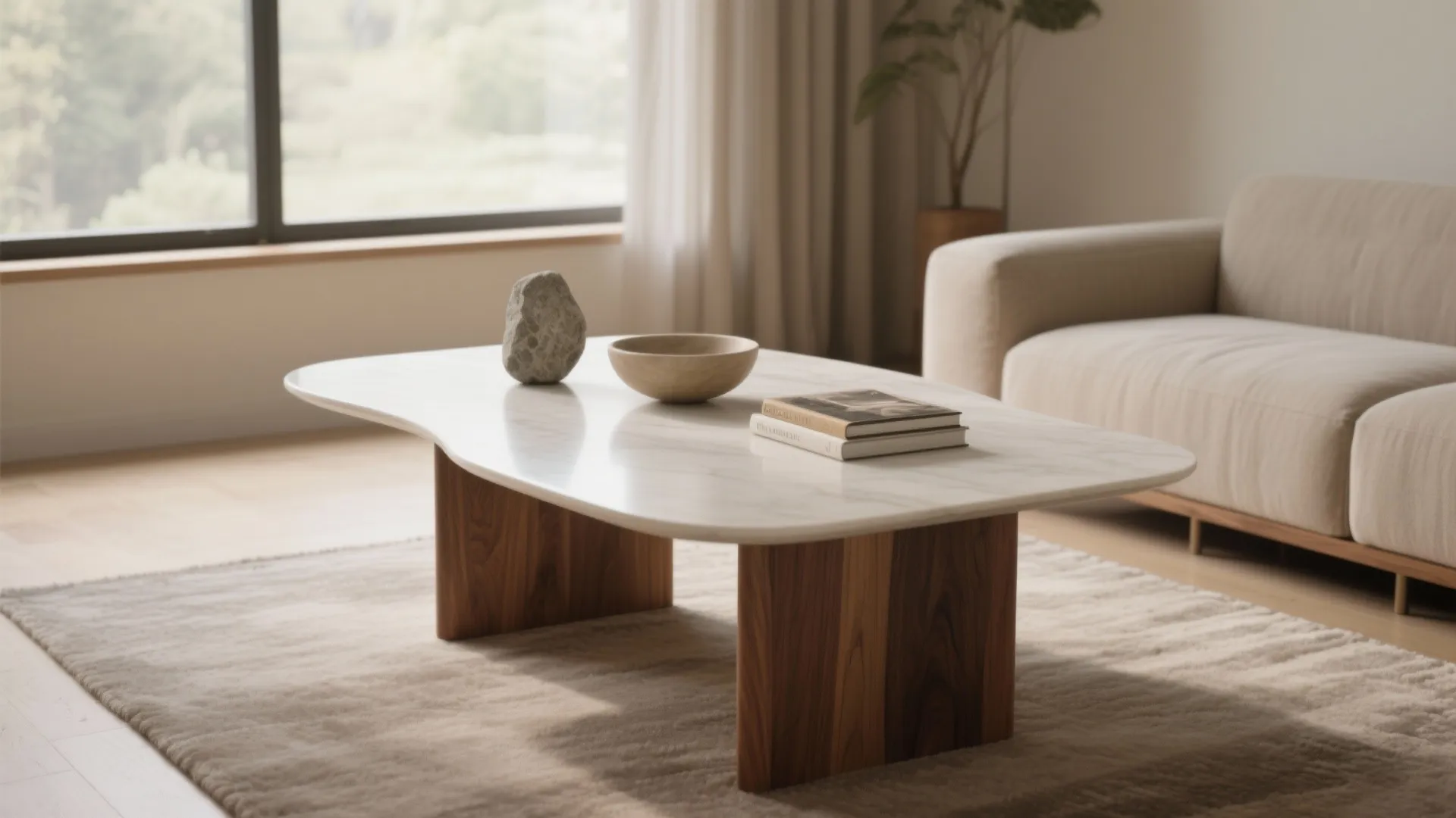 Modern white marble coffee table with wooden base in minimalist living room with beige sofa