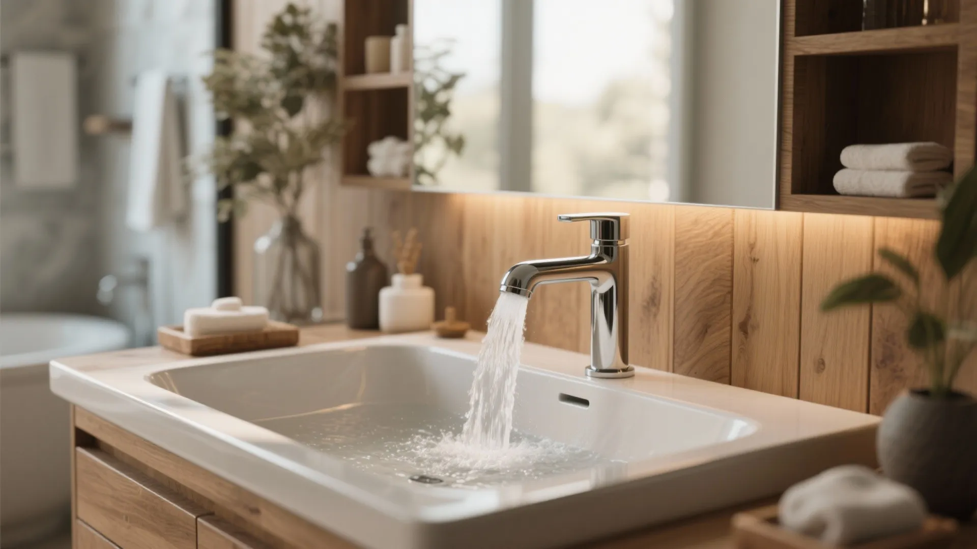 Chrome bathroom faucet with a wide stream of water flowing into a white bathroom sink