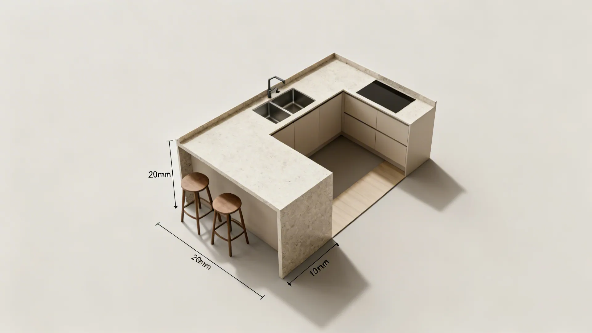 Top-down layout view of a compact kitchen with a petite waterfall peninsula and clear circulation space.