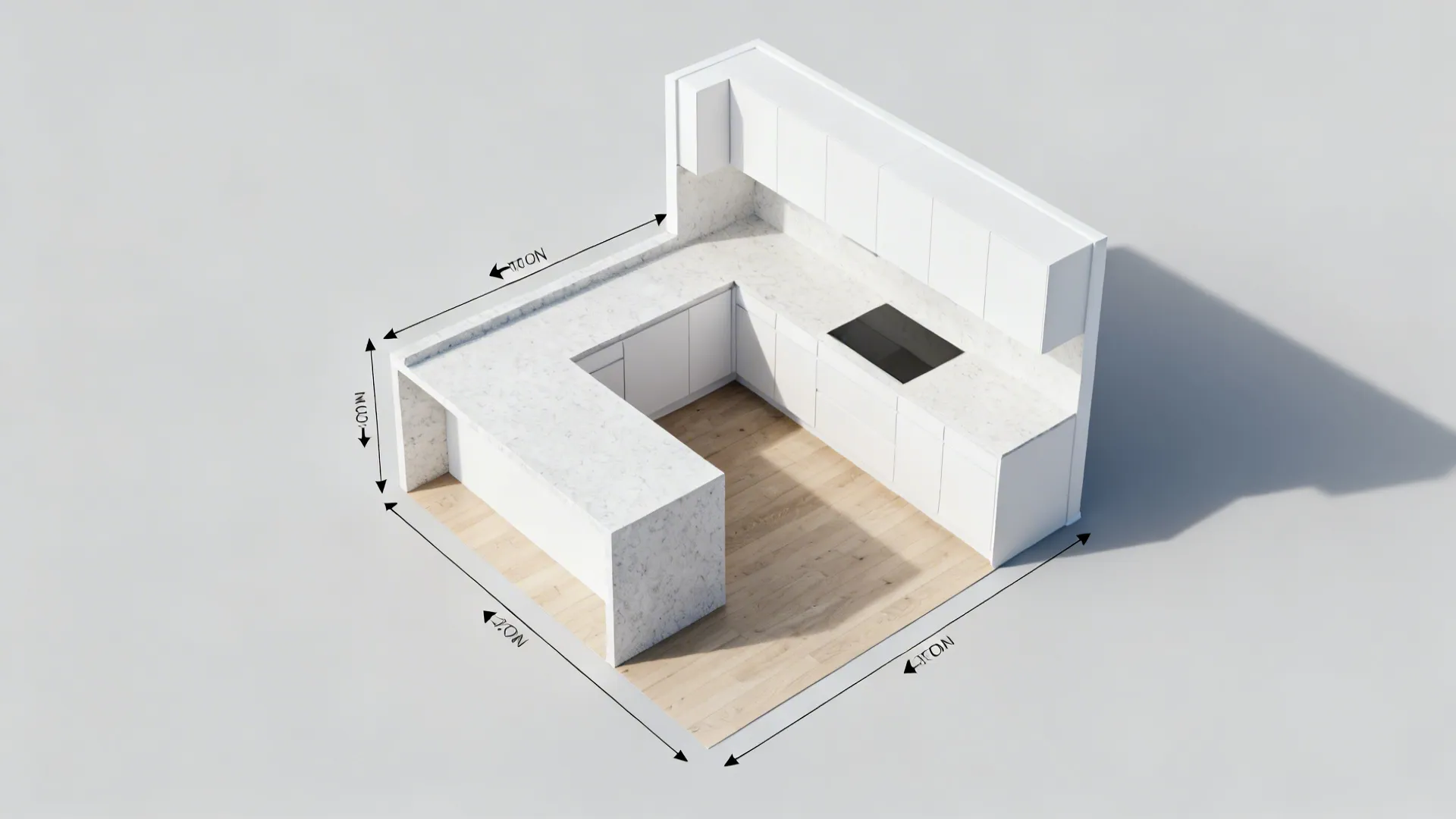 Top-down view of an L-shaped small kitchen showing a peninsula with a waterfall end.