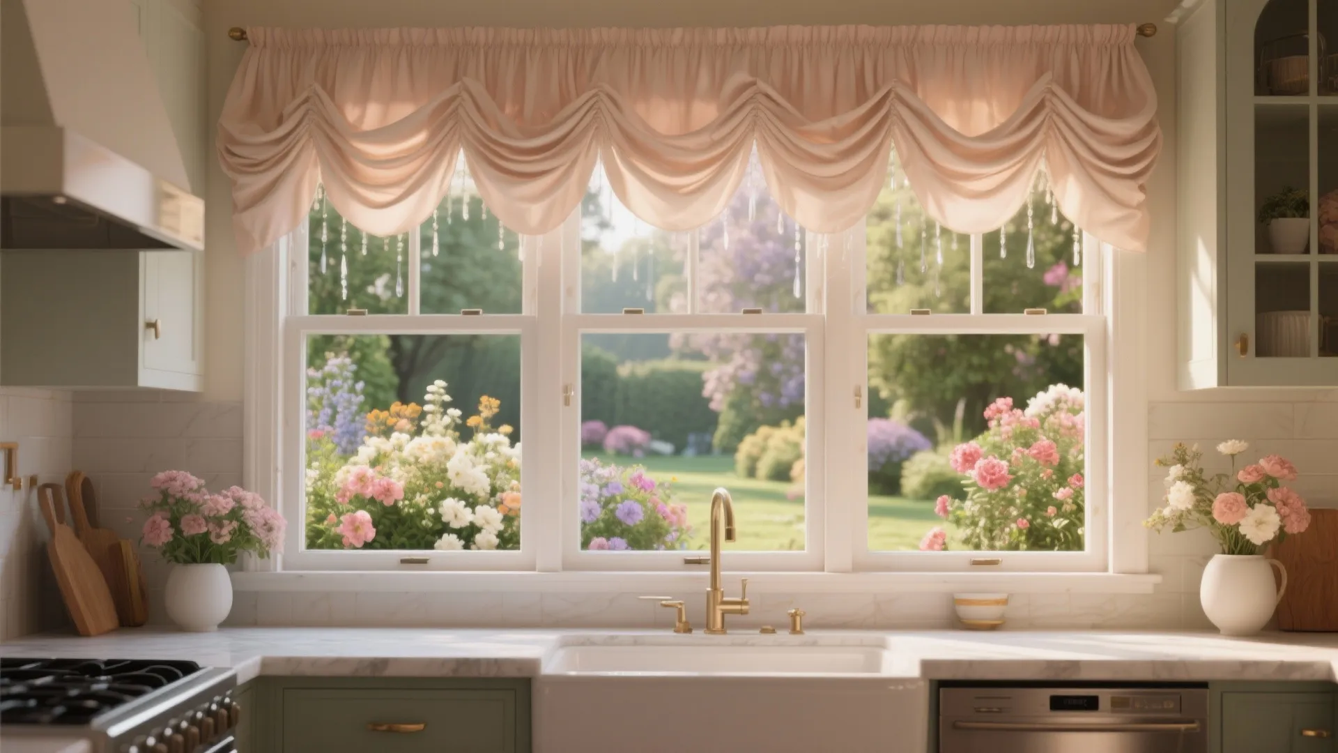 Bright kitchen with pink curtain over white sink showing a garden view through big windows