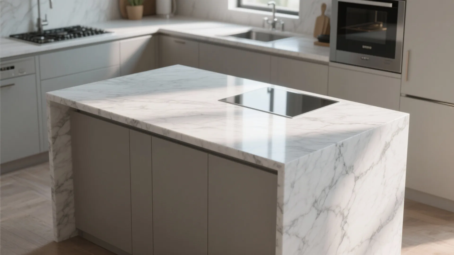 Modern island with a seamless white granite waterfall edge in a compact kitchen.