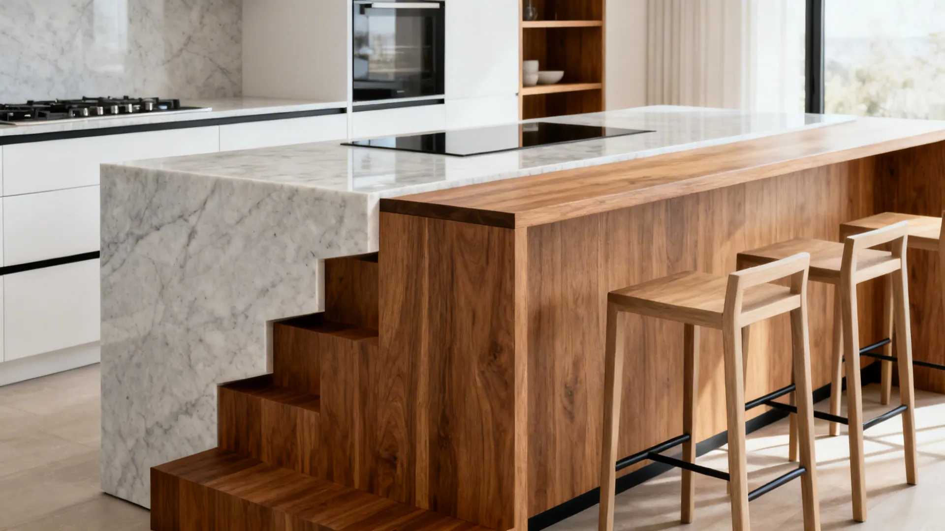 Quartz waterfall island paired with a stepped-down oak dining wing in a modern kitchen.