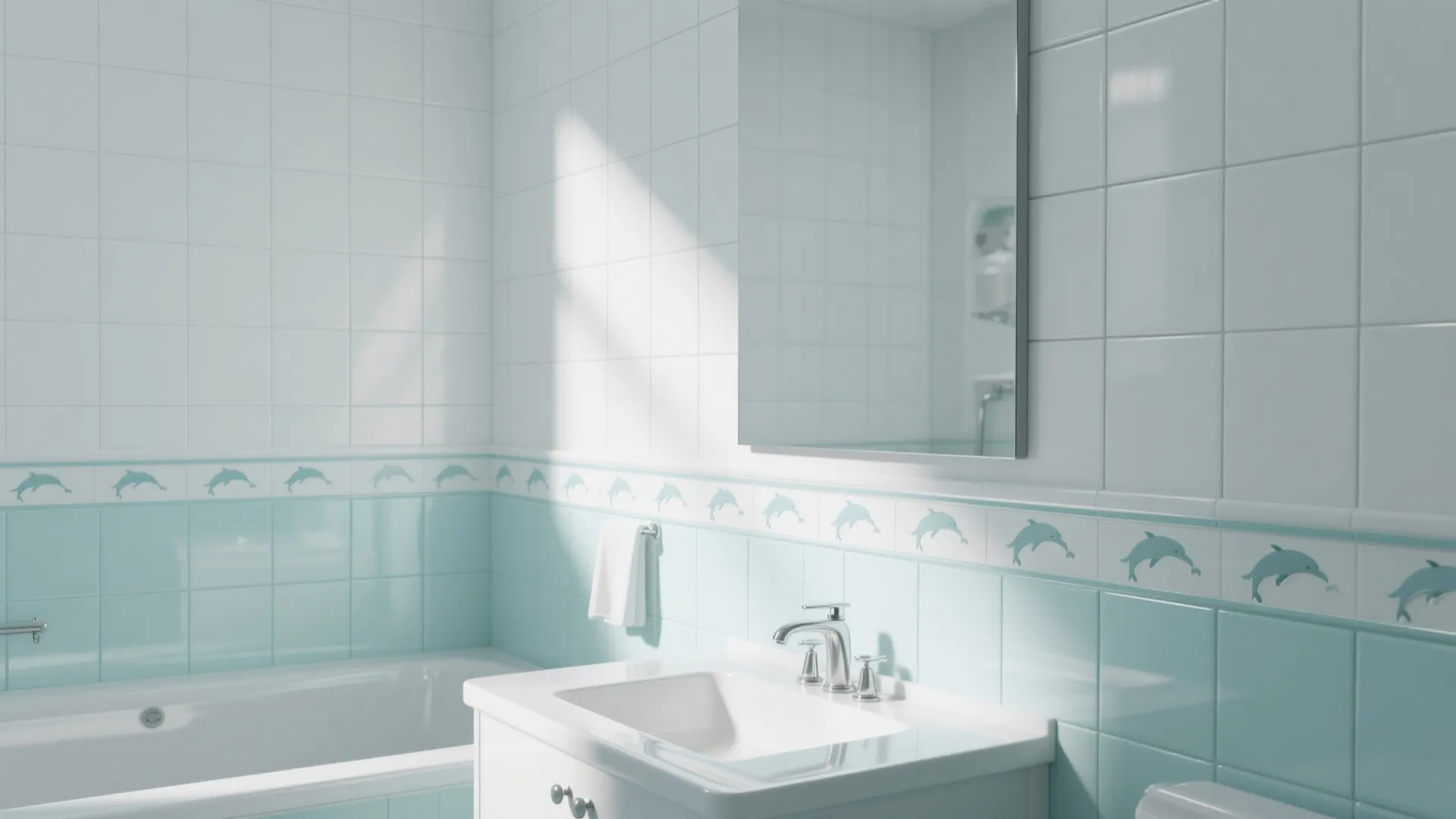 Bright bathroom design with white sink mirror bathtub and light blue tiles with dolphin patterns