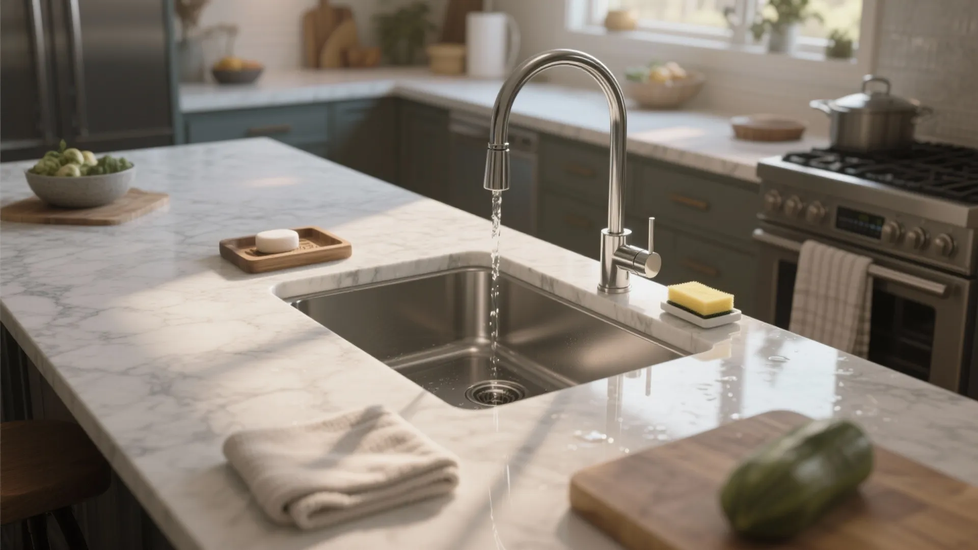 Kitchen island with an undermount sink, recessed soap tray and quartz prep surface, bright and functional setup.