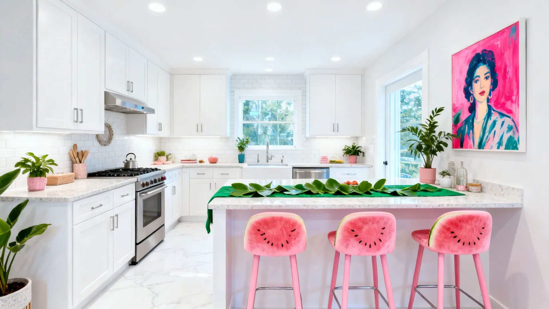 Crisp white kitchen with watermelon-pink stools and a leafy green runner.