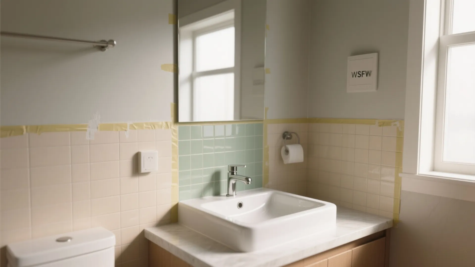 Bathroom interior during renovation with white sink wall tiles green accent and yellow painters tape