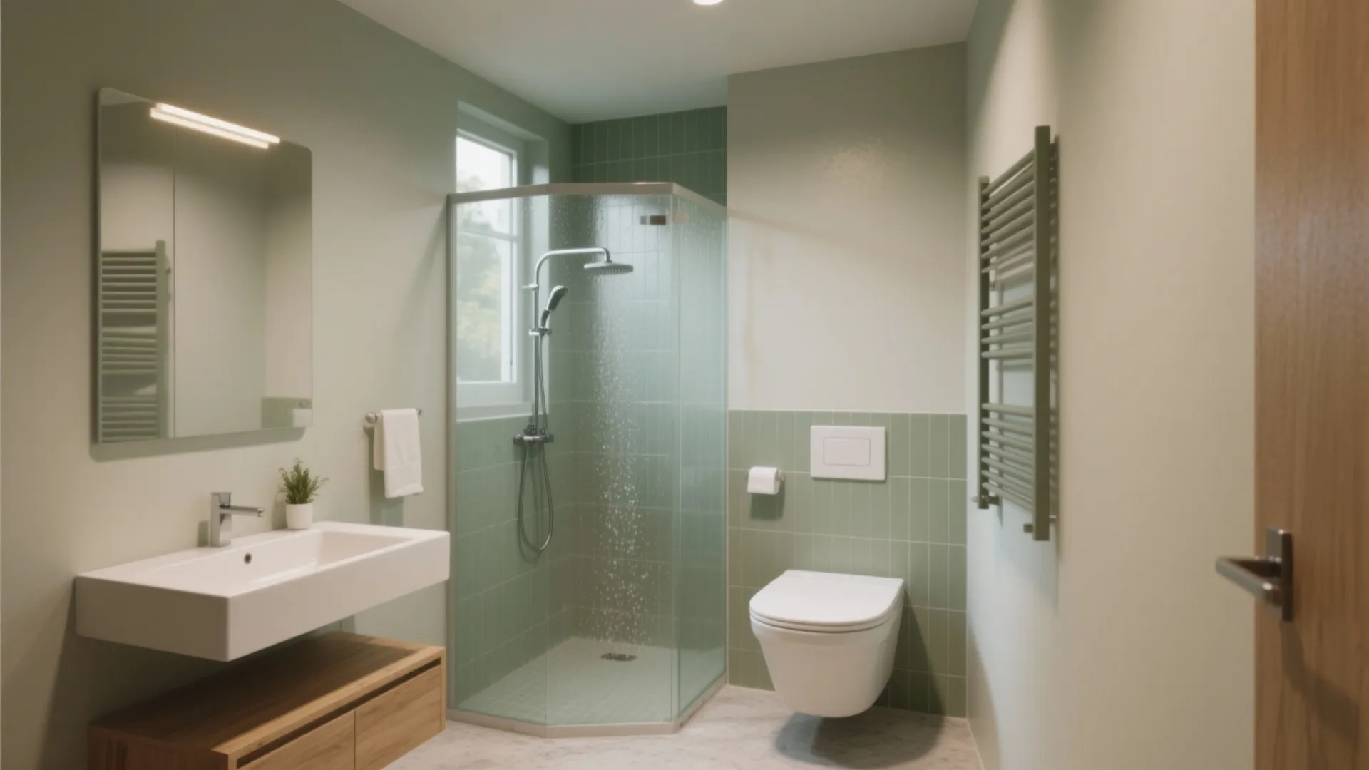 Modern bathroom with green wall tiles glass shower door white toilet and wooden sink cabinet furniture